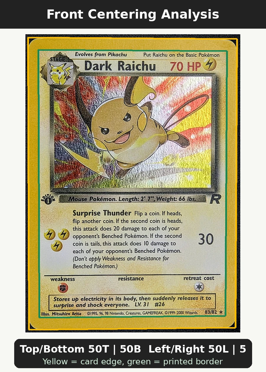 Dark Raichu 083/82 · First Edition Stamp Team Rocket front centering analysis showing Top/Bottom 50T | 50B and Left/Right 50L | 50R.