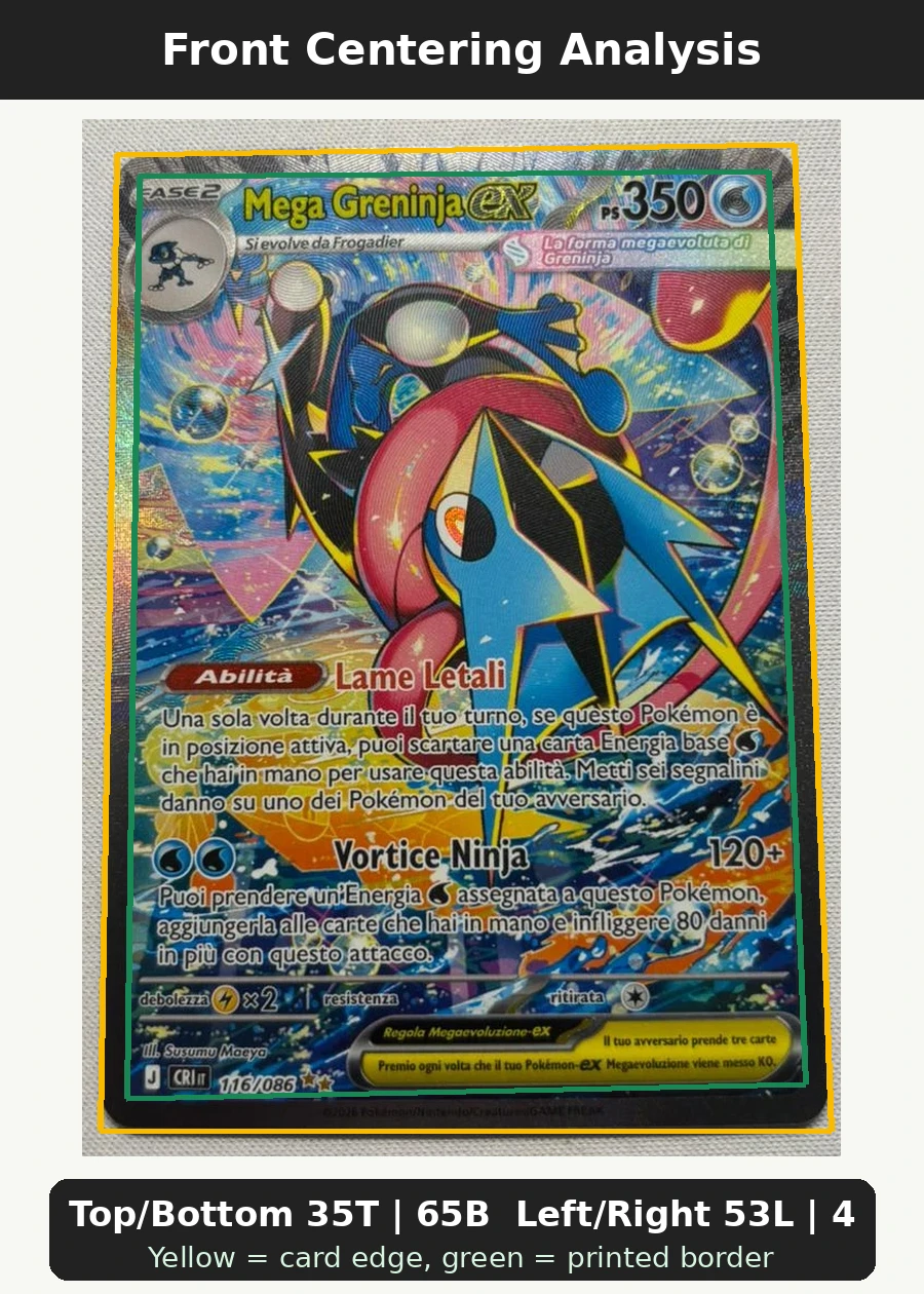 Mega Greninja ex 116/86 Chaos Rising front centering analysis showing Top/Bottom 35T | 65B and Left/Right 53L | 47R.