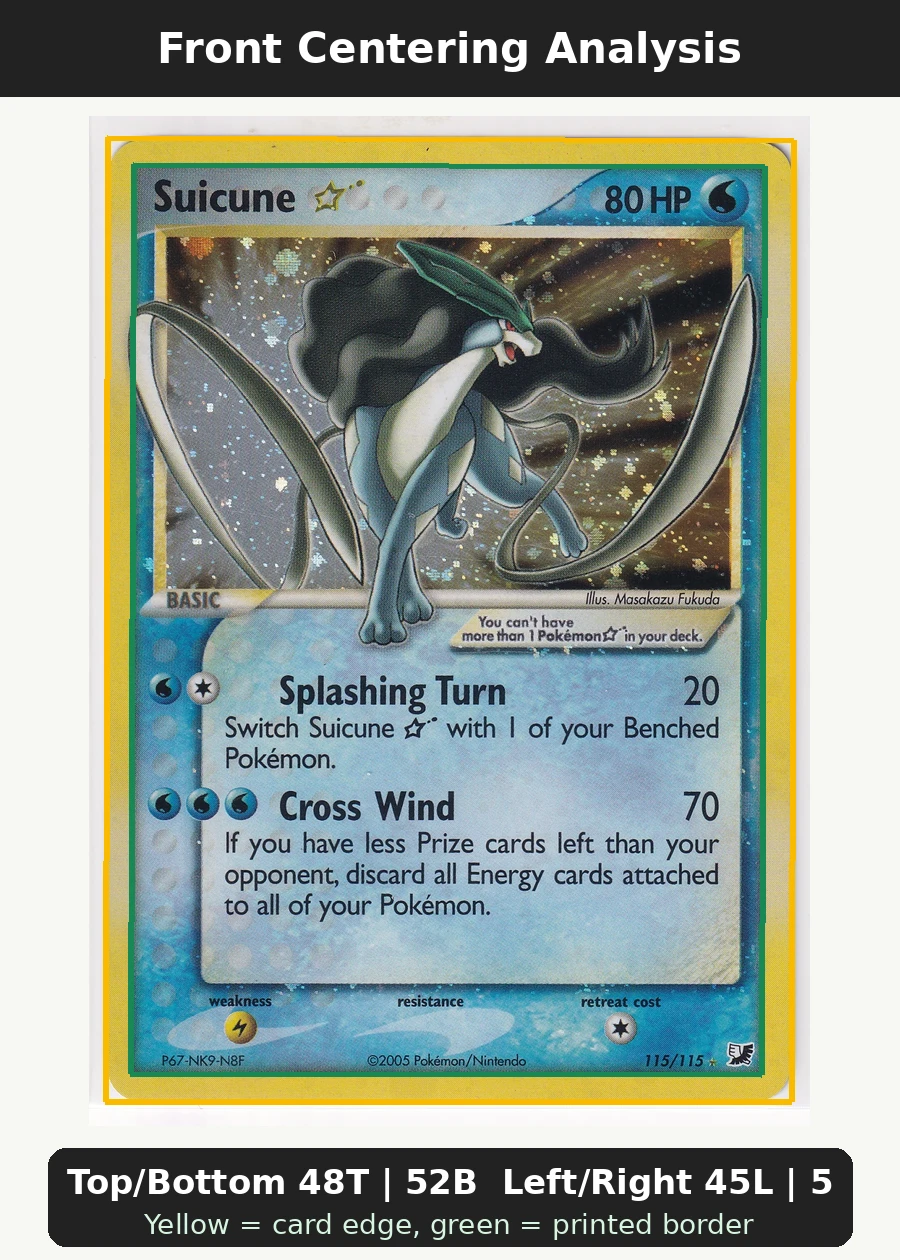 Suicune Star 115/115 Unseen Forces front centering analysis showing Top/Bottom 48T | 52B and Left/Right 45L | 55R.