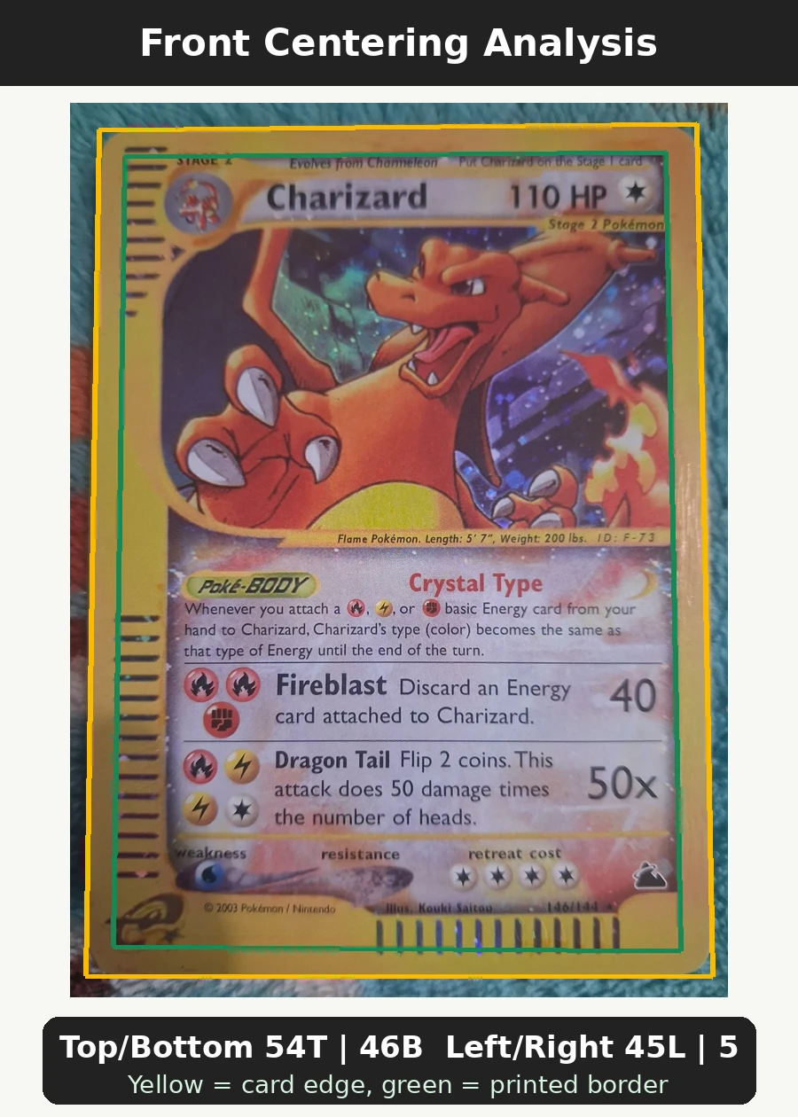 Charizard 146/144 Skyridge front centering analysis showing Top/Bottom 54T | 46B and Left/Right 45L | 55R.