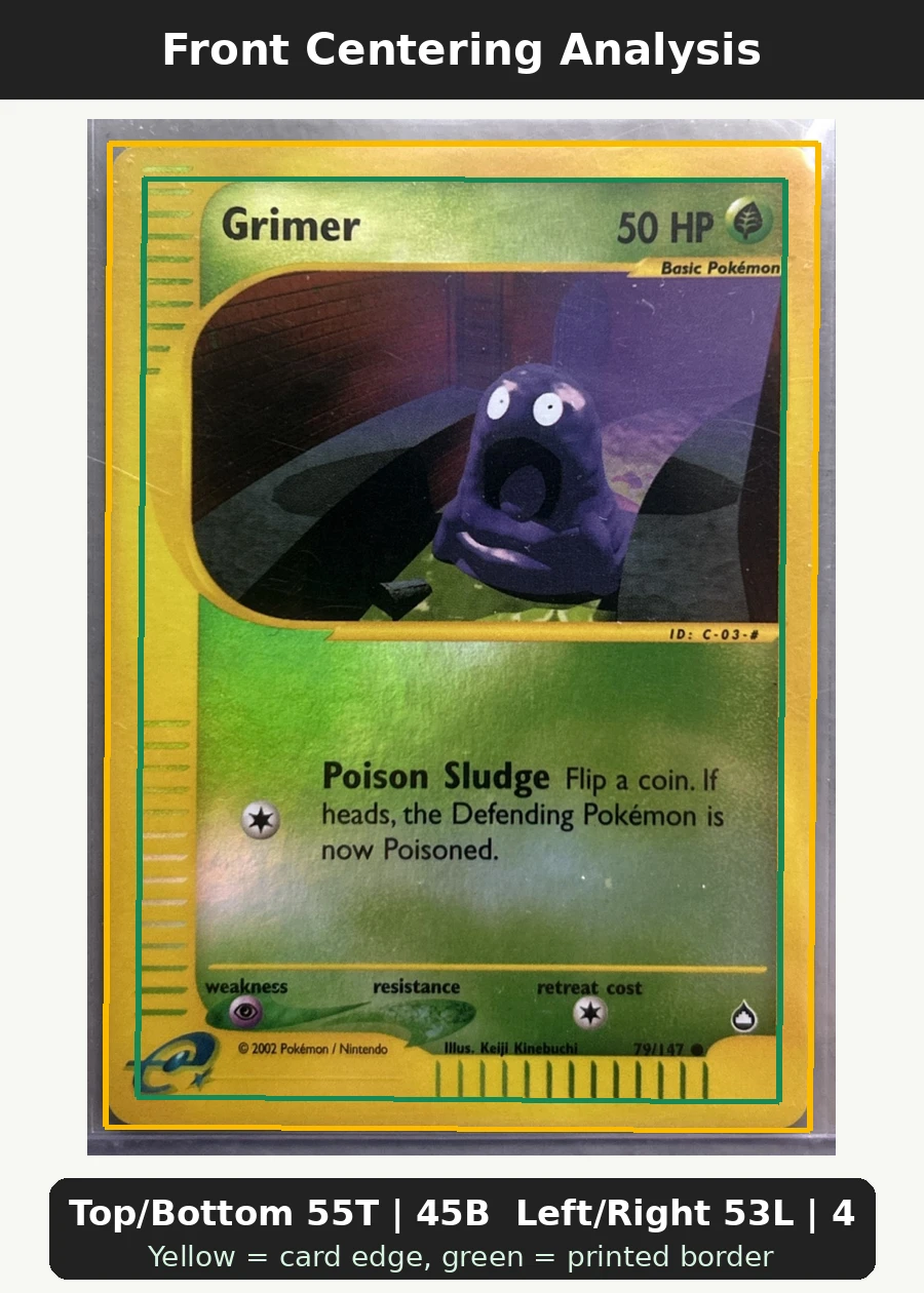 Grimer 079/147 (Reverse Holo) Aquapolis front centering analysis showing Top/Bottom 55T | 45B and Left/Right 53L | 47R.