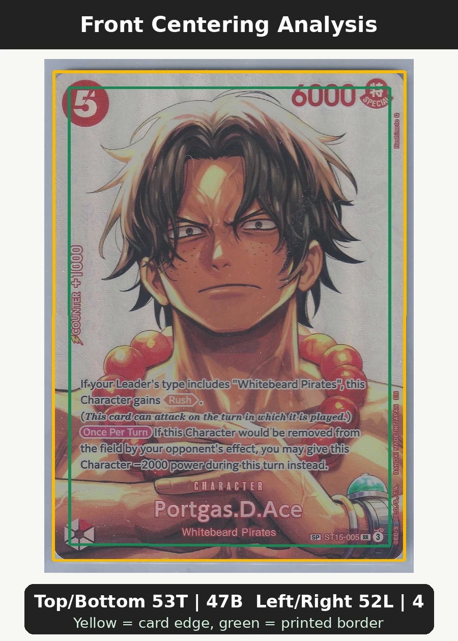Portgas.D.Ace (ST15-005) ST15-005 One Piece Promotion Cards front centering analysis showing Top/Bottom 53T | 47B and Left/Right 52L | 48R.