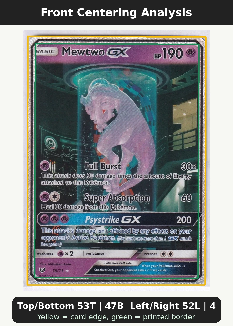 Mewtwo GX 078/73 Shining Legends front centering analysis showing Top/Bottom 53T | 47B and Left/Right 52L | 48R.