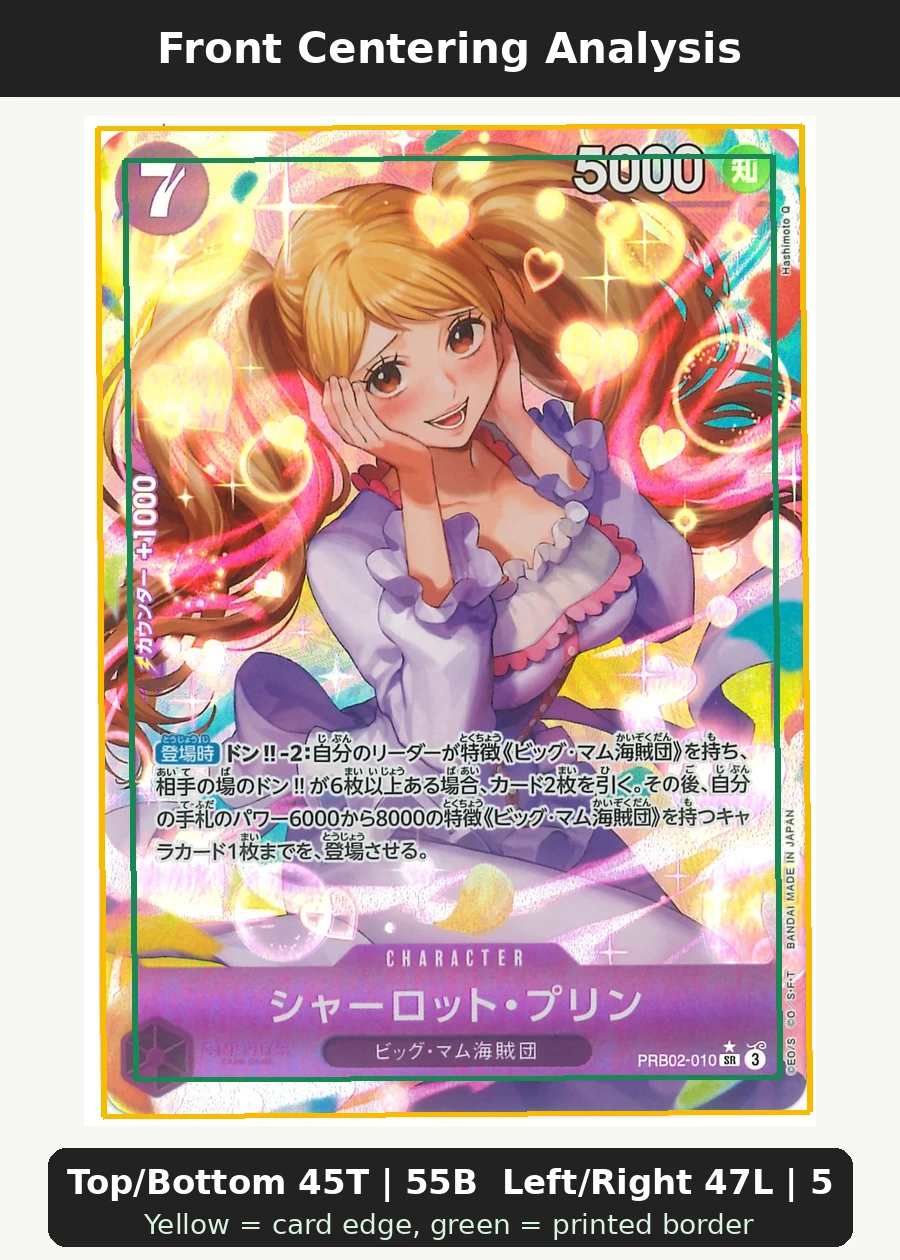Charlotte Pudding (PRB02-010) · Normal PRB02-010 Premium Booster -The Best- Vol. 2 front centering analysis showing Top/Bottom 45T | 55B and Left/Right 47L | 53R.