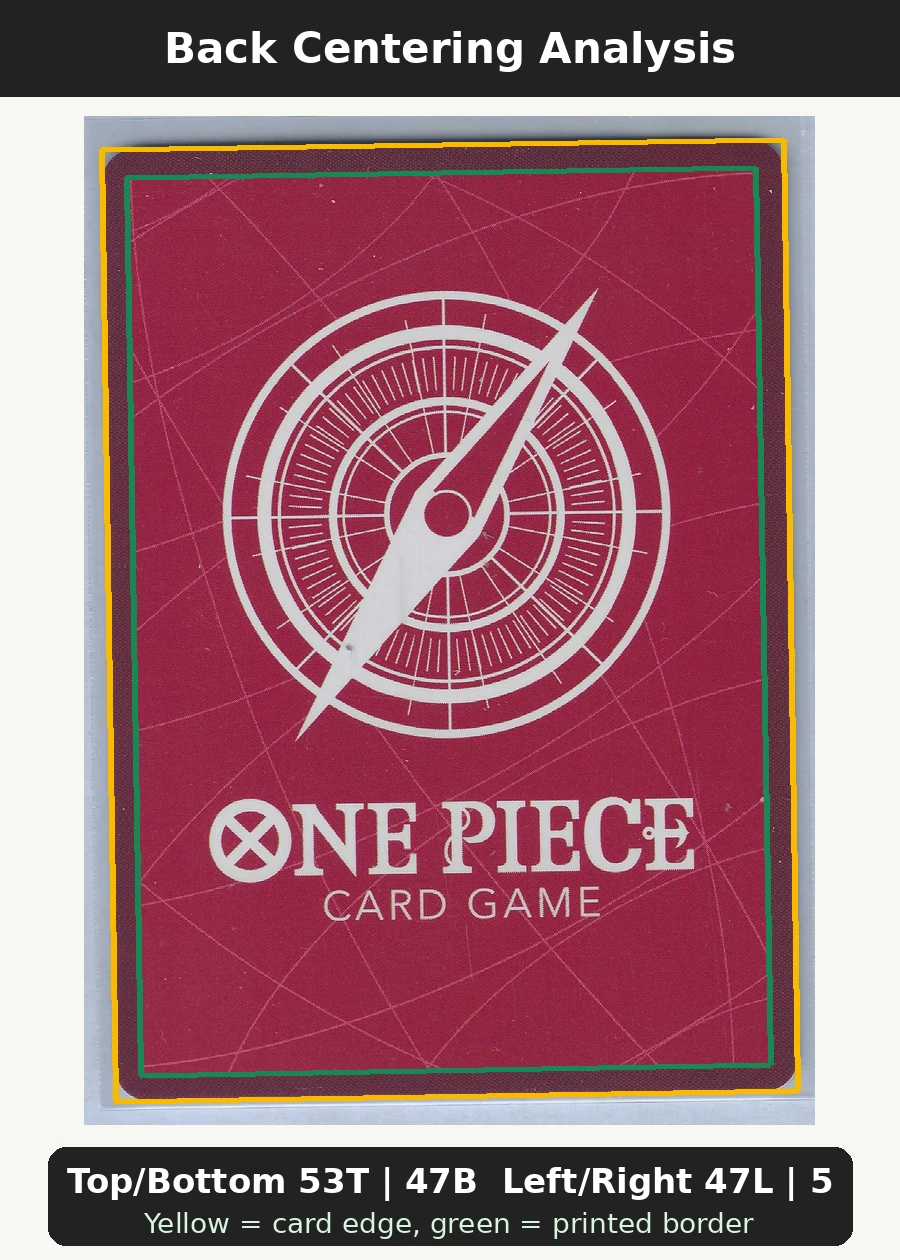 Boa Hancock (OP07-038) · PSA OP07-038 One Piece Promotion Cards back centering analysis showing Top/Bottom 53T | 47B and Left/Right 47L | 53R.