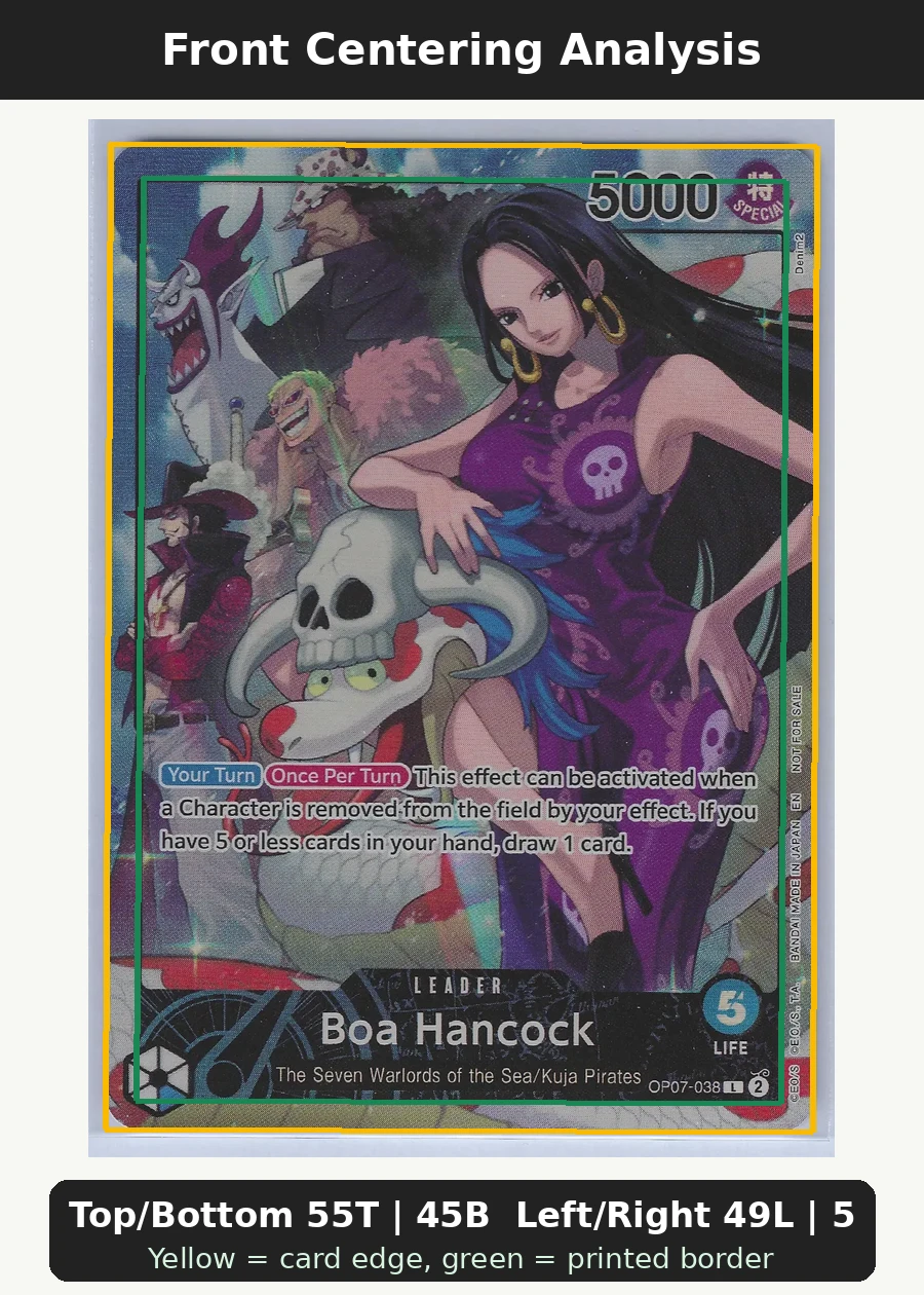 Boa Hancock (OP07-038) · PSA OP07-038 One Piece Promotion Cards front centering analysis showing Top/Bottom 55T | 45B and Left/Right 49L | 51R.