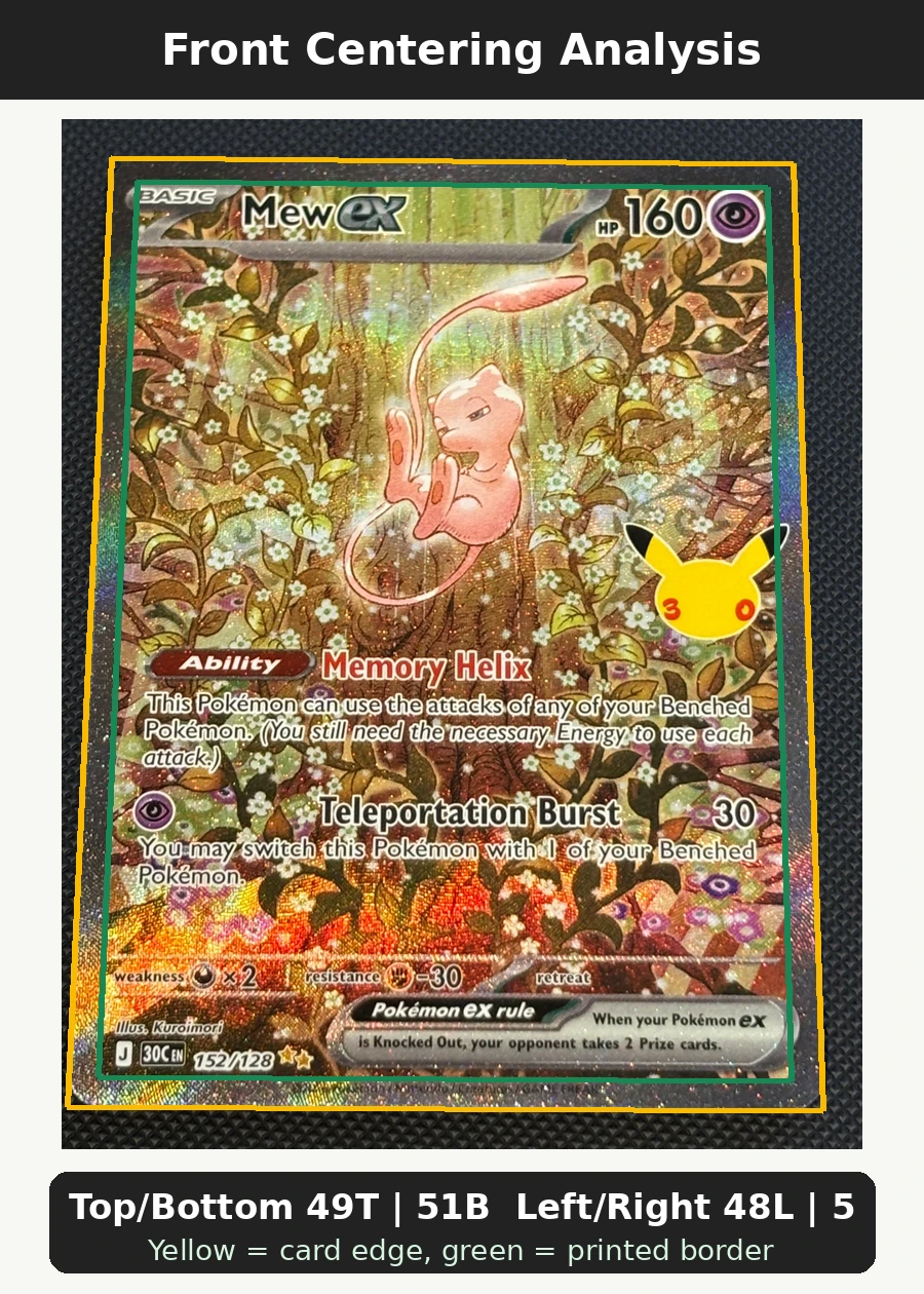 Mew ex 152/128 30th Celebration front centering analysis showing Top/Bottom 49T | 51B and Left/Right 48L | 52R.