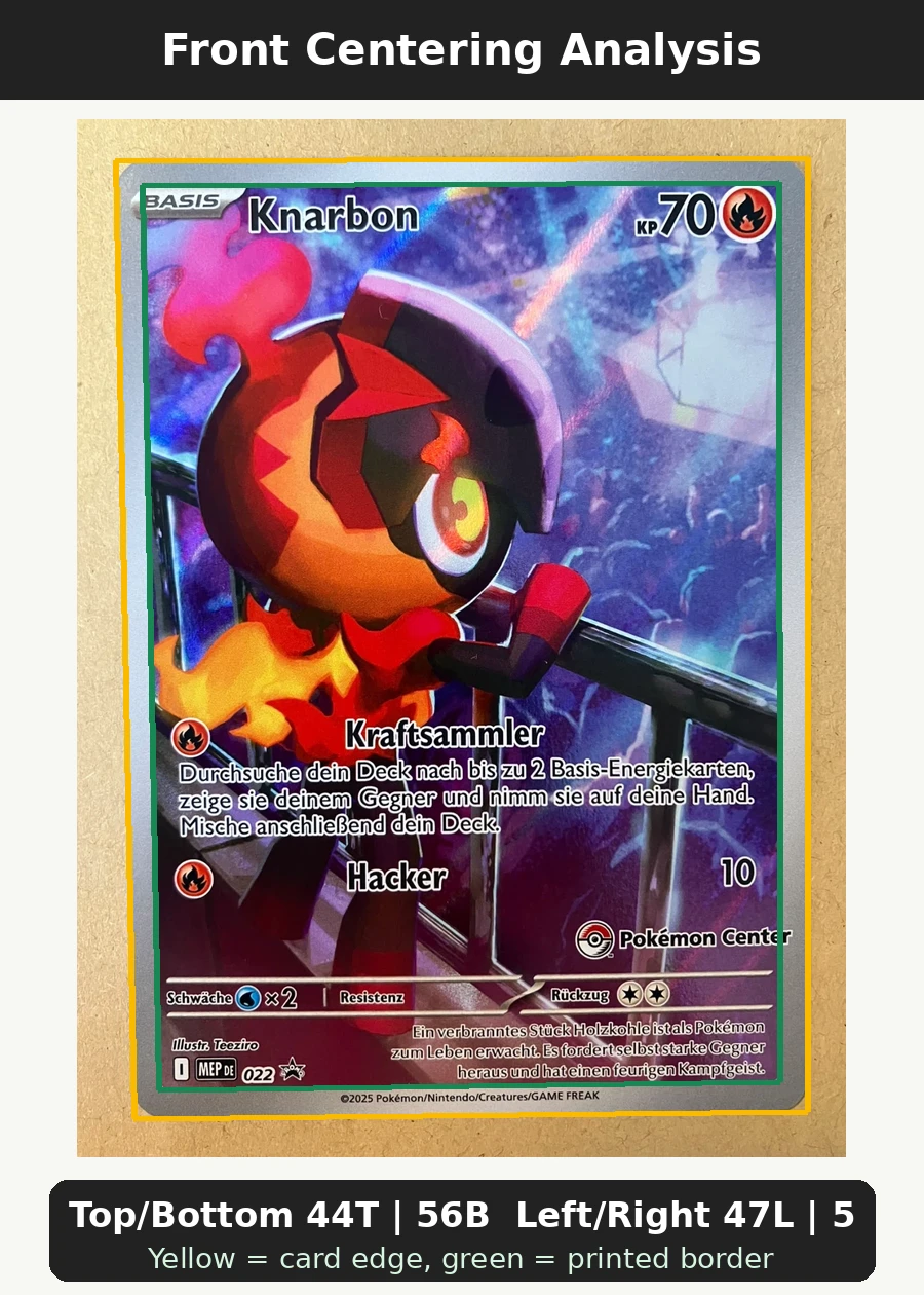 Charcadet 022 MEP Black Star Promos front centering analysis showing Top/Bottom 44T | 56B and Left/Right 47L | 53R.