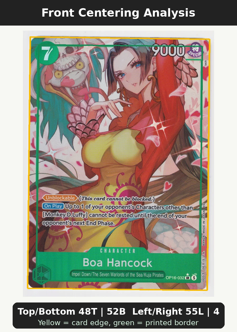 Boa Hancock OP16-032 The Time of Battle front centering analysis showing Top/Bottom 48T | 52B and Left/Right 55L | 45R.