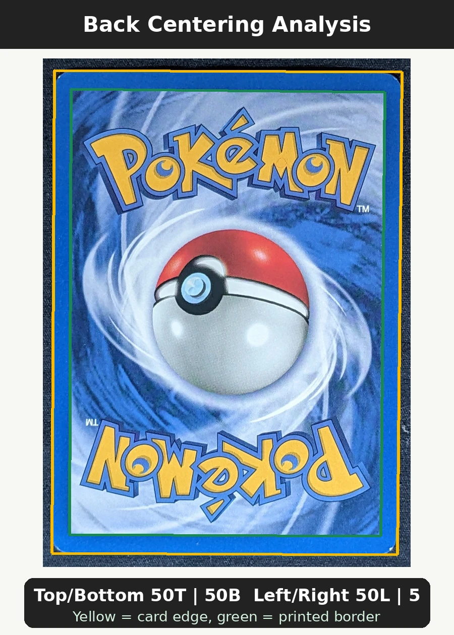 Dark Charizard 004/82 (First Edition Stamp) Team Rocket back centering analysis showing Top/Bottom 50T | 50B and Left/Right 50L | 50R.