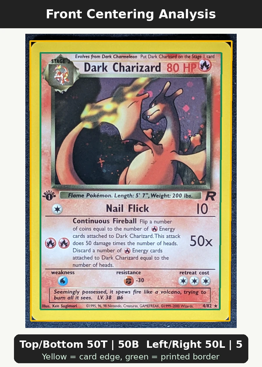 Dark Charizard 004/82 (First Edition Stamp) Team Rocket front centering analysis showing Top/Bottom 50T | 50B and Left/Right 50L | 50R.