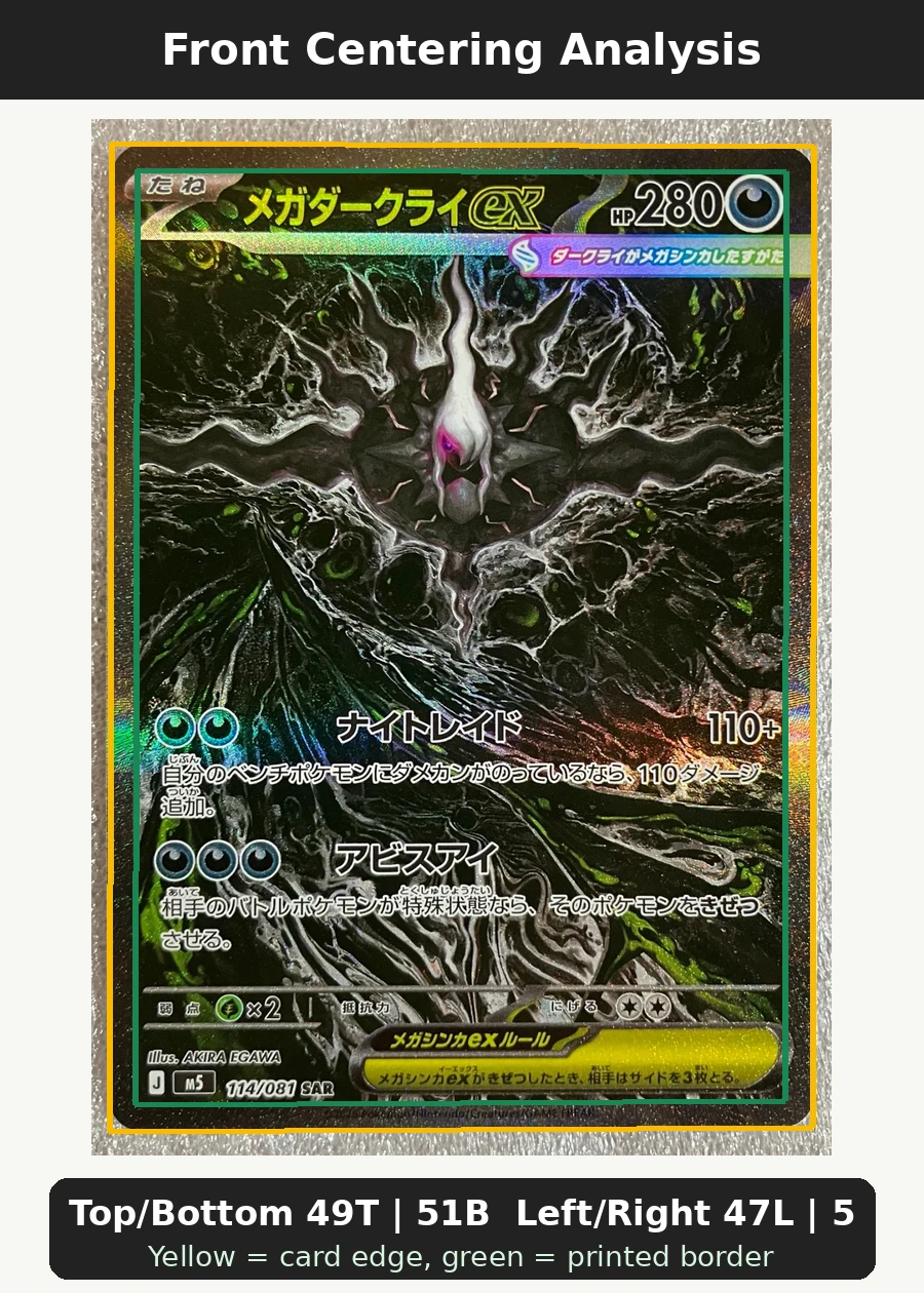 Mega Darkrai ex 114/81 Abyss Eye front centering analysis showing Top/Bottom 49T | 51B and Left/Right 47L | 53R.