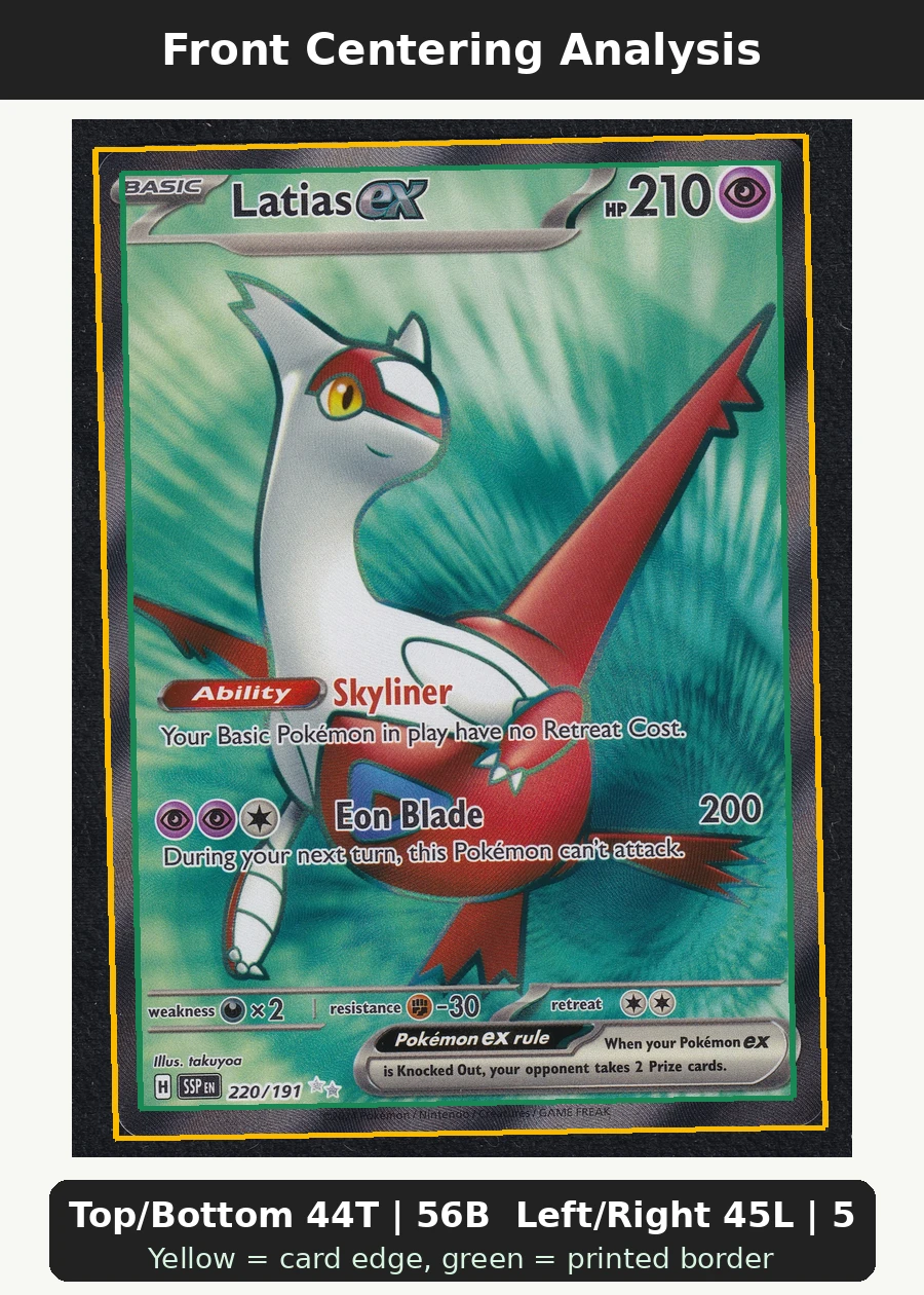 Latias ex 220/191 Surging Sparks front centering analysis showing Top/Bottom 44T | 56B and Left/Right 45L | 55R.