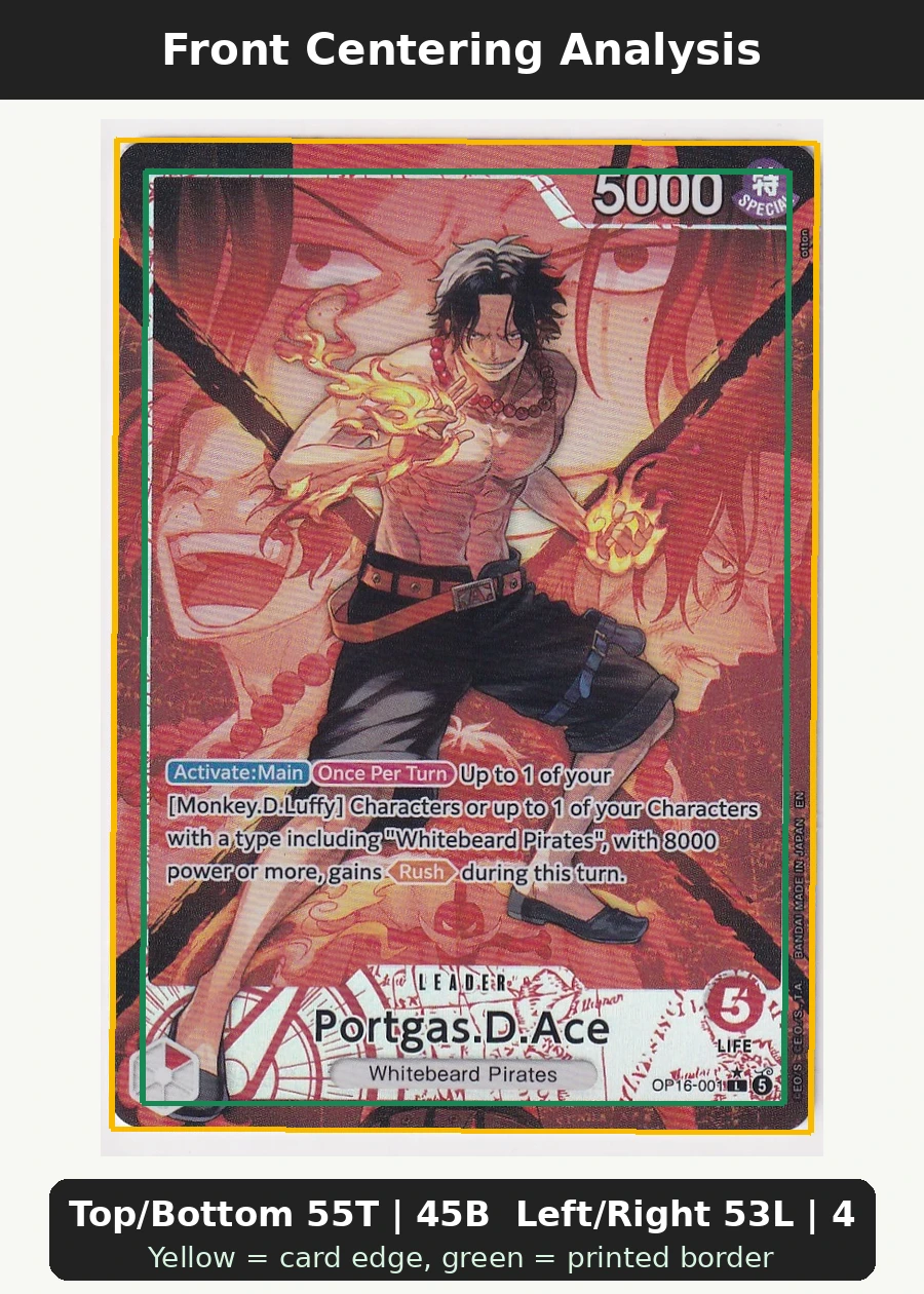 Portgas.D.Ace OP16-001 The Time of Battle front centering analysis showing Top/Bottom 55T | 45B and Left/Right 53L | 47R.