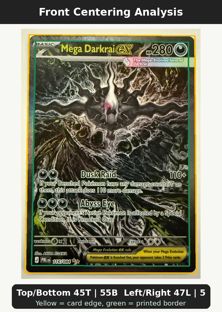 Mega Darkrai ex 116/84 Pitch Black front centering analysis showing Top/Bottom 45T | 55B and Left/Right 47L | 53R.