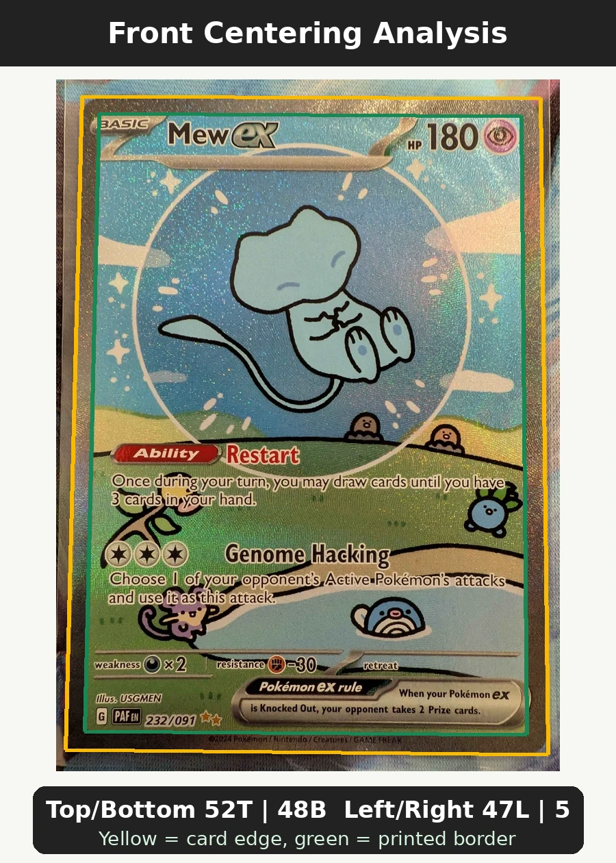 Mew ex 232/91 Paldean Fates front centering analysis showing Top/Bottom 52T | 48B and Left/Right 47L | 53R.