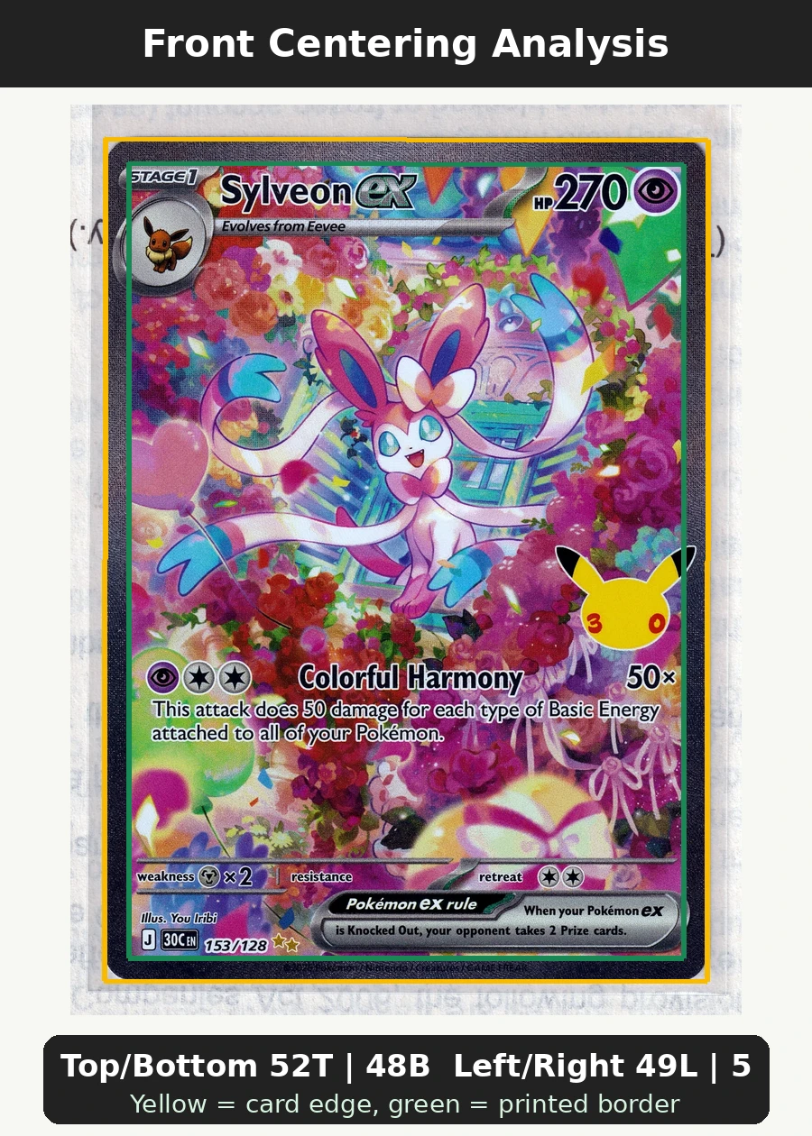 Sylveon ex 153/128 30th Celebration front centering analysis showing Top/Bottom 52T | 48B and Left/Right 49L | 51R.