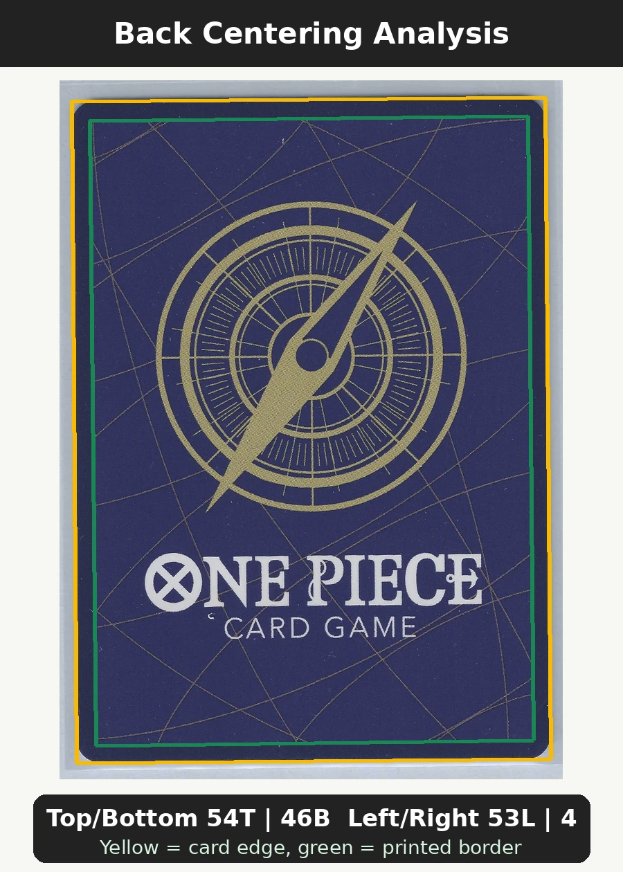 Monkey.D.Luffy (ST21-014) · Foil ST21-014 One Piece Promotion Cards back centering analysis showing Top/Bottom 54T | 46B and Left/Right 53L | 47R.