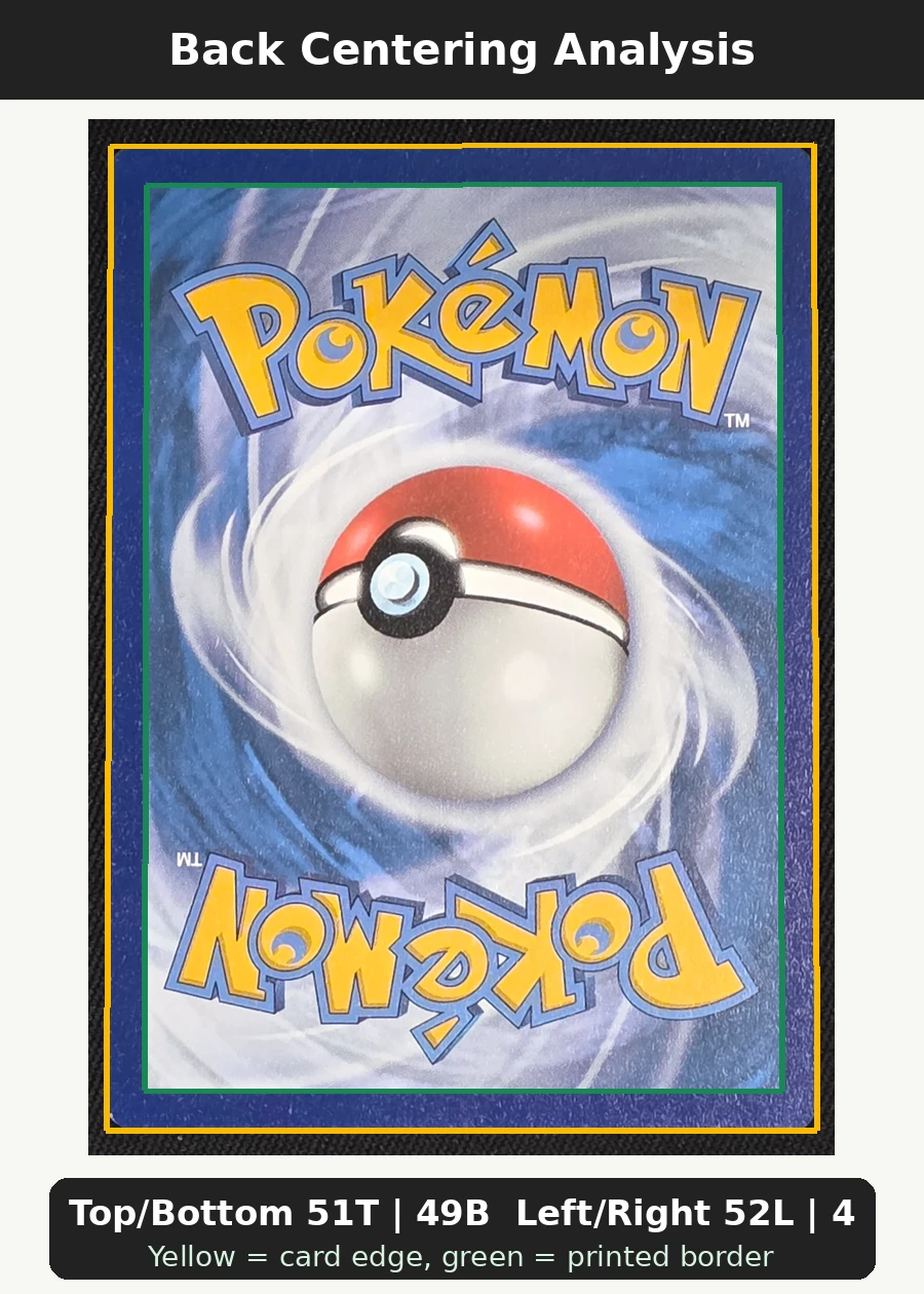 Pikachu 005/25 Celebrations back centering analysis showing Top/Bottom 51T | 49B and Left/Right 52L | 48R.