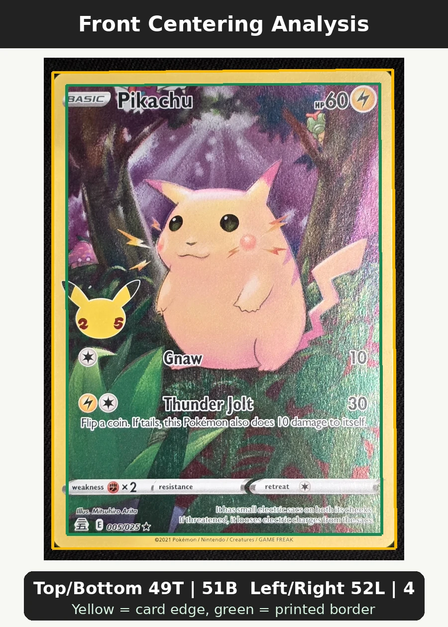 Pikachu 005/25 Celebrations front centering analysis showing Top/Bottom 49T | 51B and Left/Right 52L | 48R.