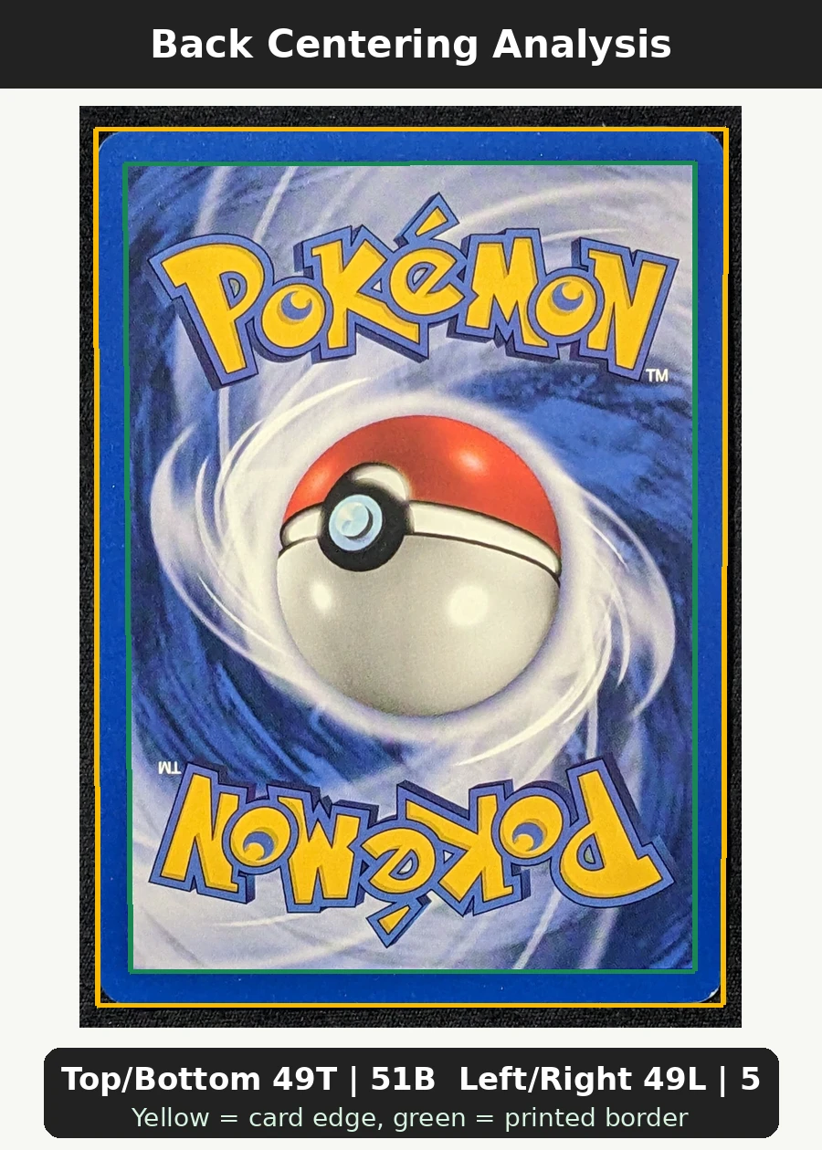 Dark Dragonite 005/82 (First Edition Stamp) Team Rocket back centering analysis showing Top/Bottom 49T | 51B and Left/Right 49L | 51R.