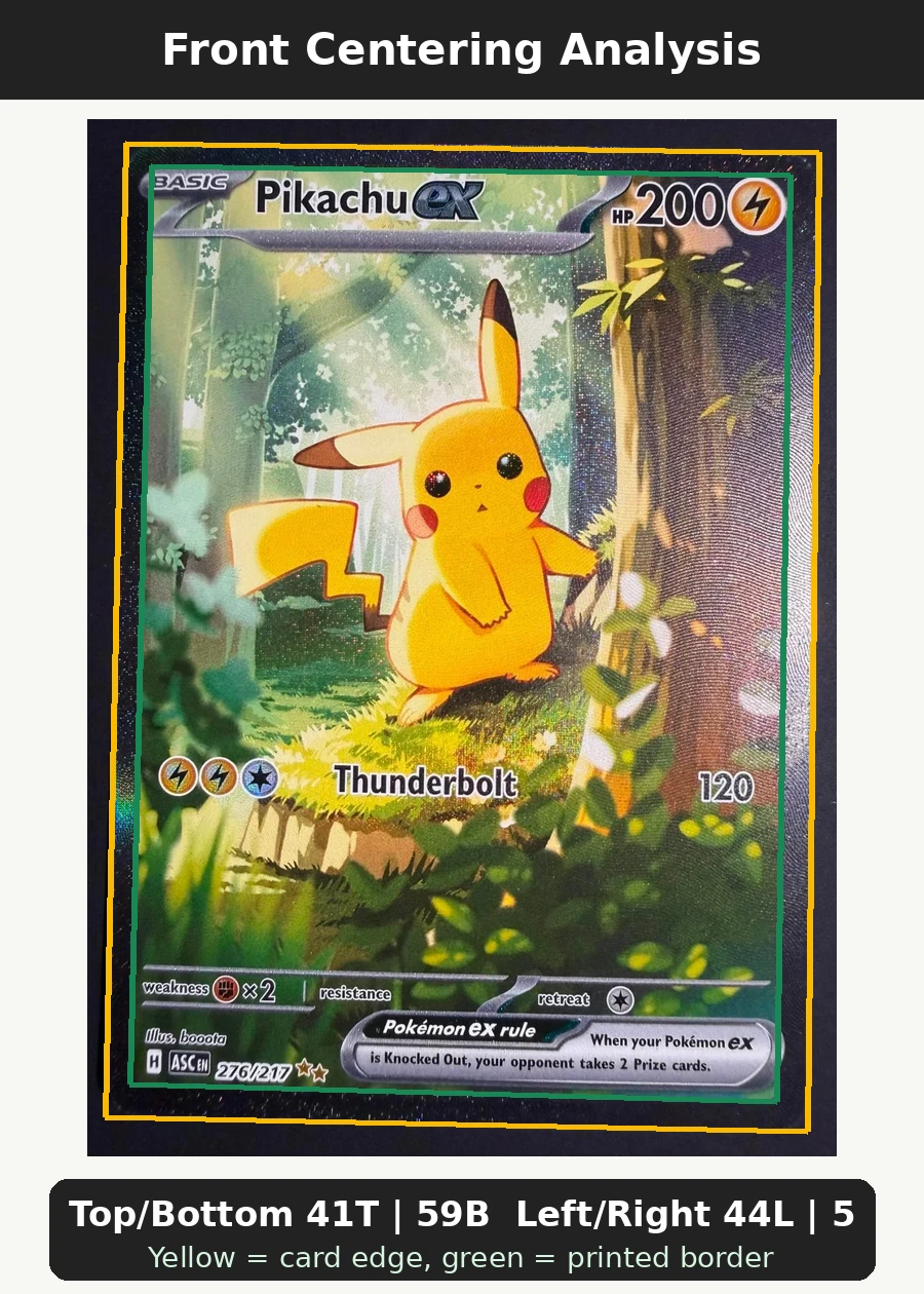Pikachu ex 276/217 Ascended Heroes front centering analysis showing Top/Bottom 41T | 59B and Left/Right 44L | 56R.