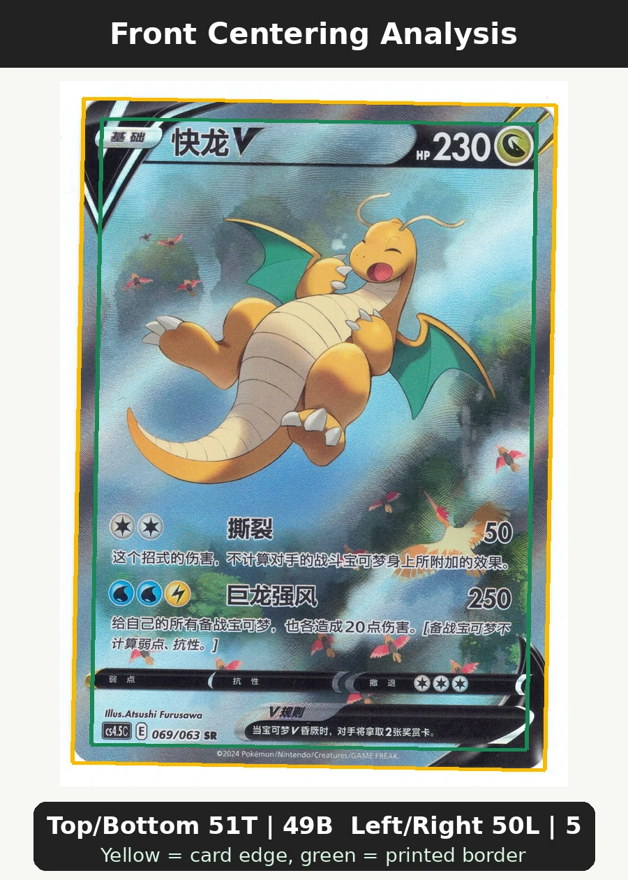 Dragonite V 192/203 Evolving Skies front centering analysis showing Top/Bottom 51T | 49B and Left/Right 50L | 50R.