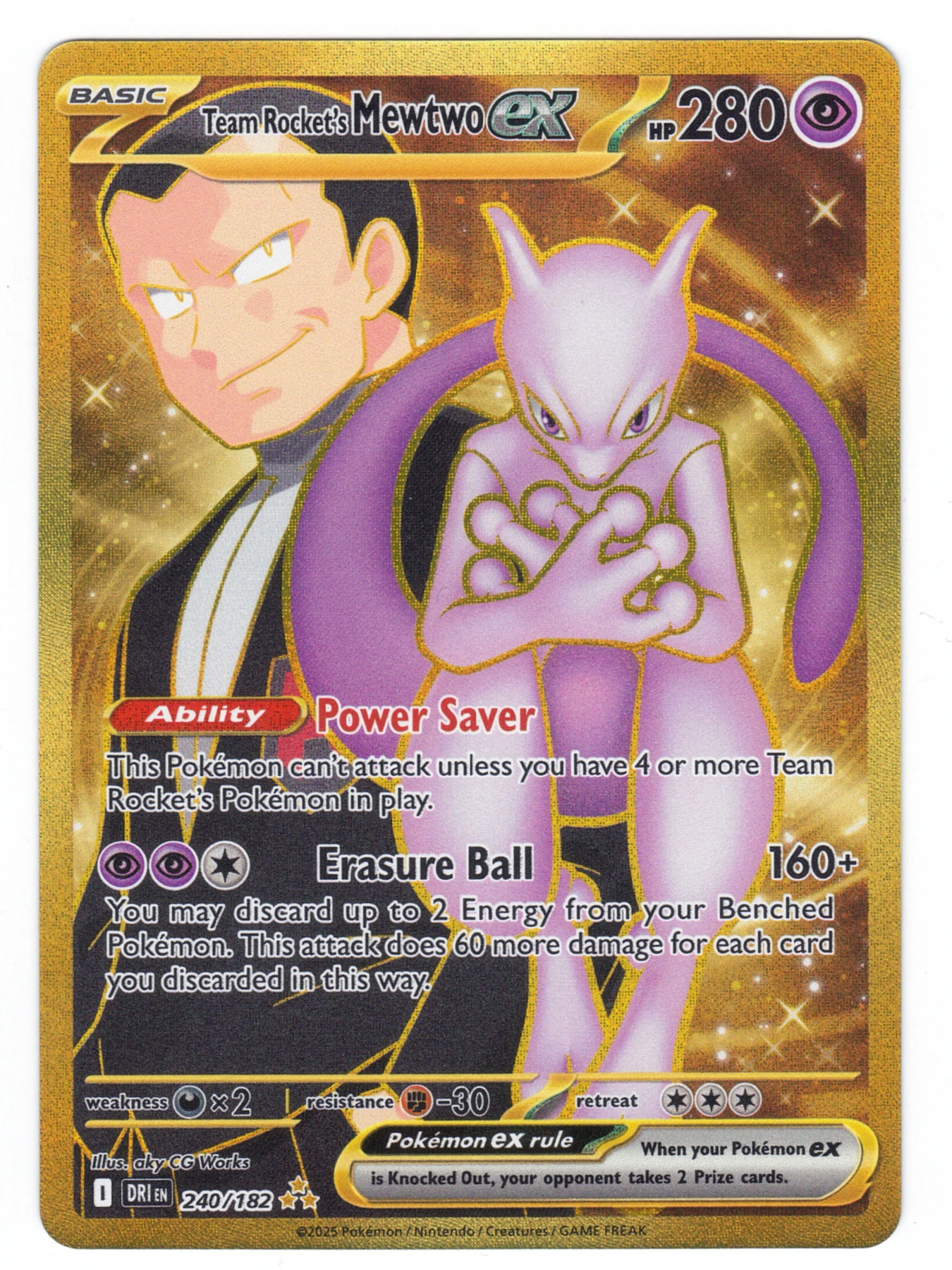 Team Rocket's Mewtwo ex 240/182 Destined Rivals front card photo in PokeToGrade pregrading report