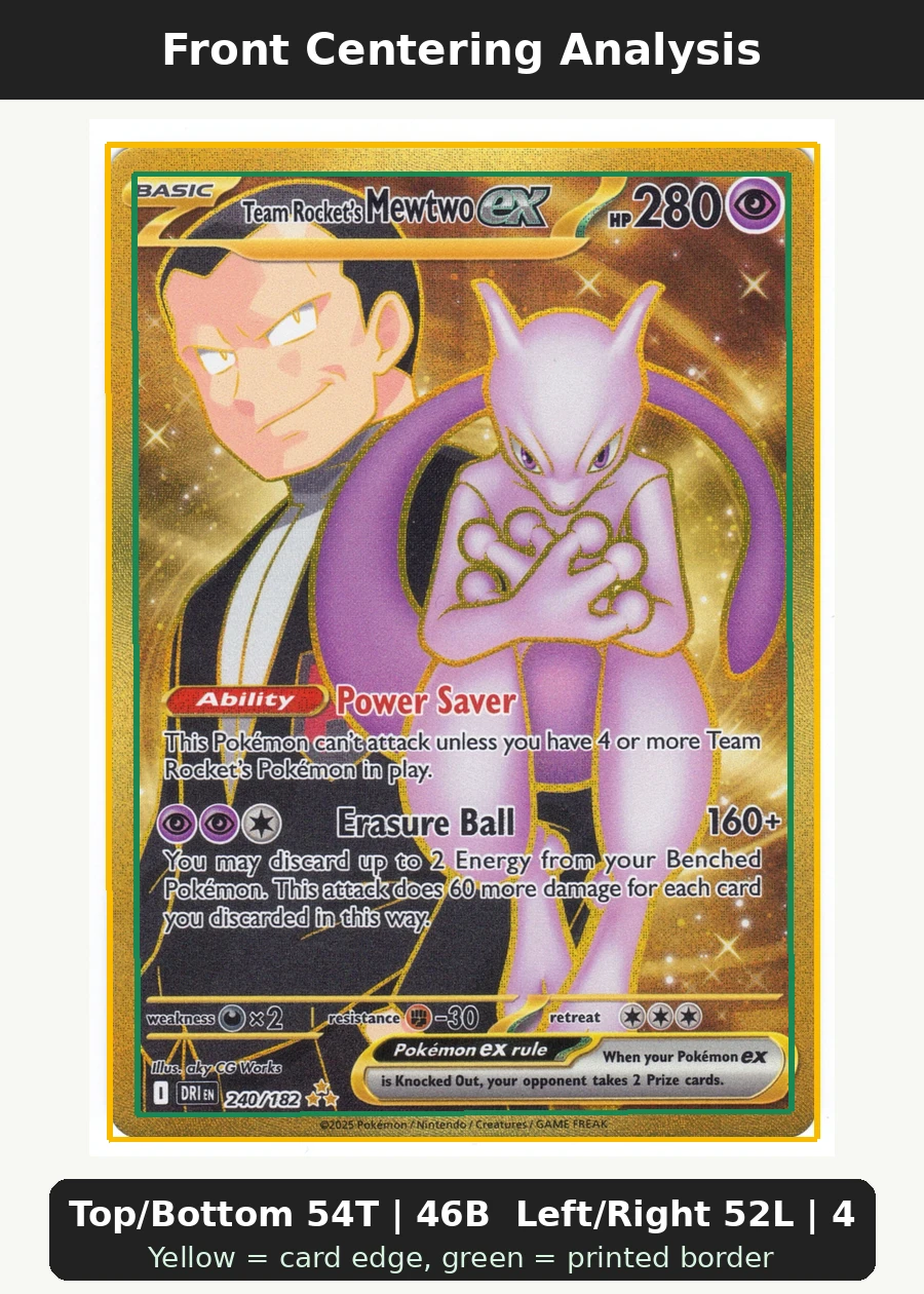 Team Rocket's Mewtwo ex 240/182 Destined Rivals front centering analysis showing Top/Bottom 54T | 46B and Left/Right 52L | 48R.