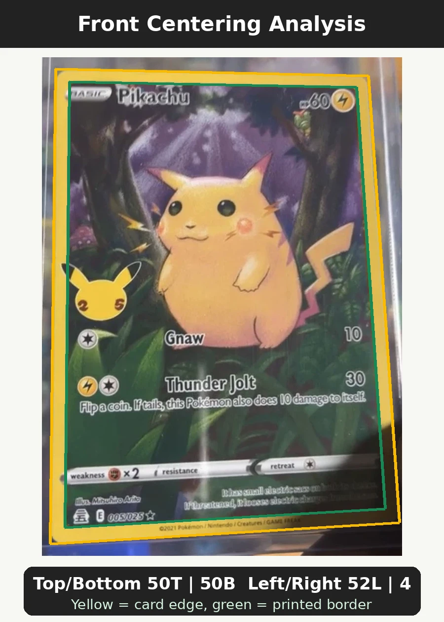 Pikachu 005/25 Celebrations front centering analysis showing Top/Bottom 50T | 50B and Left/Right 52L | 48R.