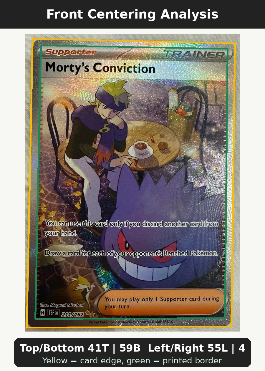 Morty's Conviction 211/162 Temporal Forces front centering analysis showing Top/Bottom 41T | 59B and Left/Right 55L | 45R.