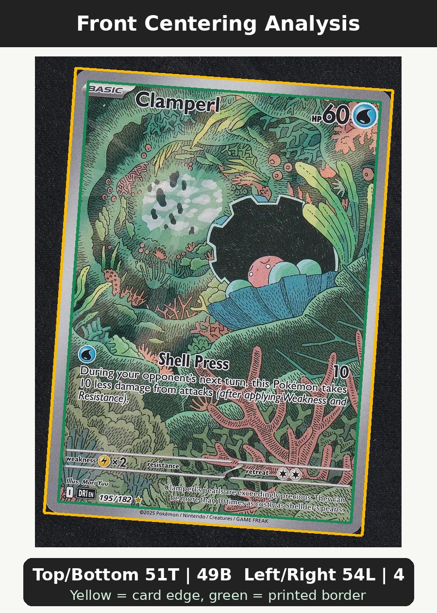 Clamperl 195/182 Destined Rivals front centering analysis showing Top/Bottom 51T | 49B and Left/Right 54L | 46R.