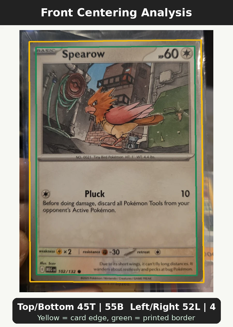 Spearow 102/132 Mega Evolution front centering analysis showing Top/Bottom 45T | 55B and Left/Right 52L | 48R.