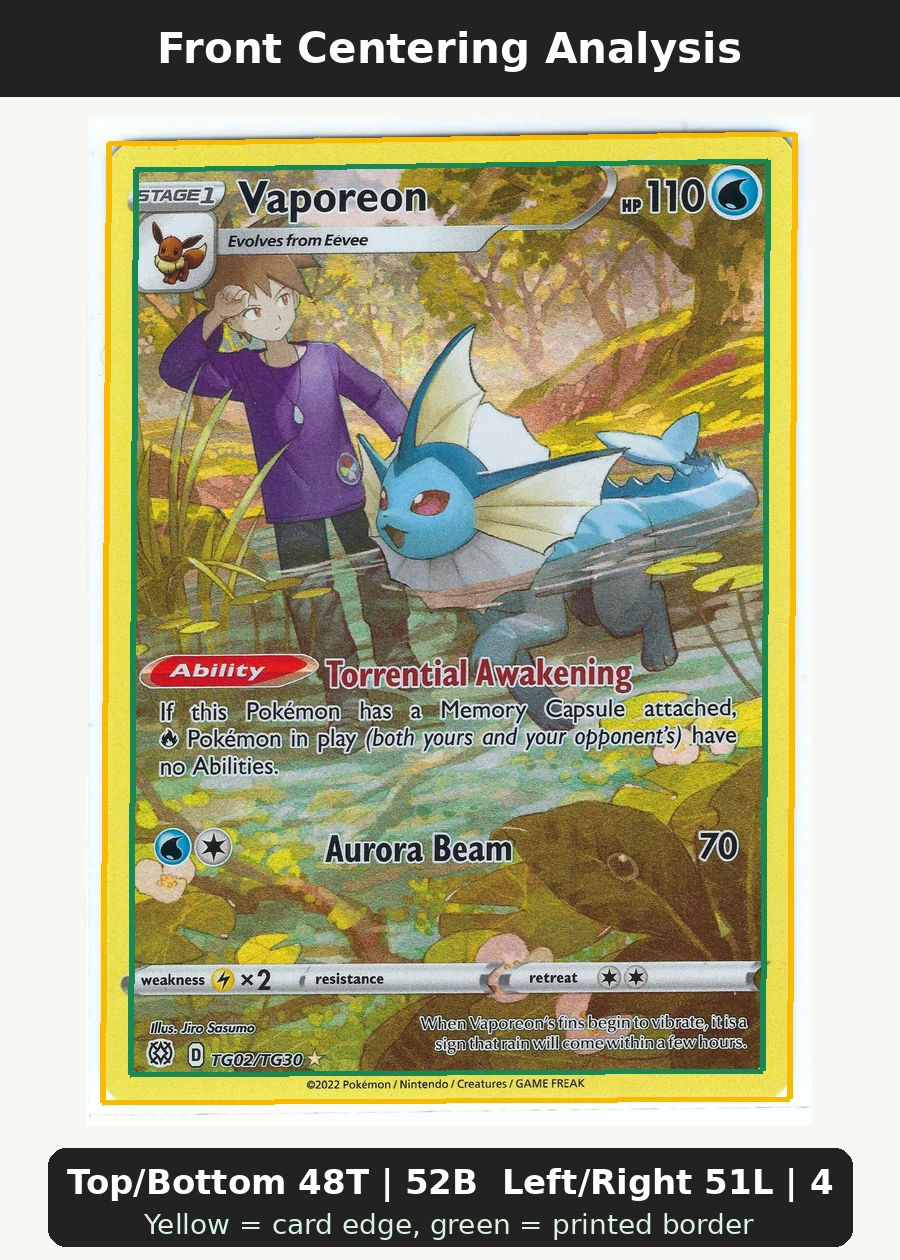 Vaporeon TG02/172 Brilliant Stars front centering analysis showing Top/Bottom 48T | 52B and Left/Right 51L | 49R.
