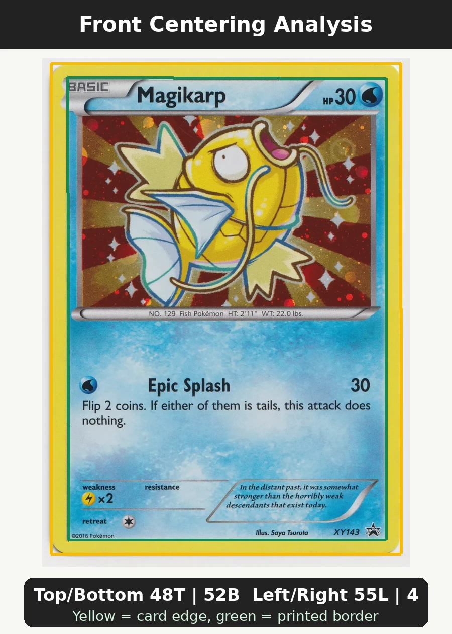 Magikarp XY143/211 XY Black Star Promos front centering analysis showing Top/Bottom 48T | 52B and Left/Right 55L | 45R.