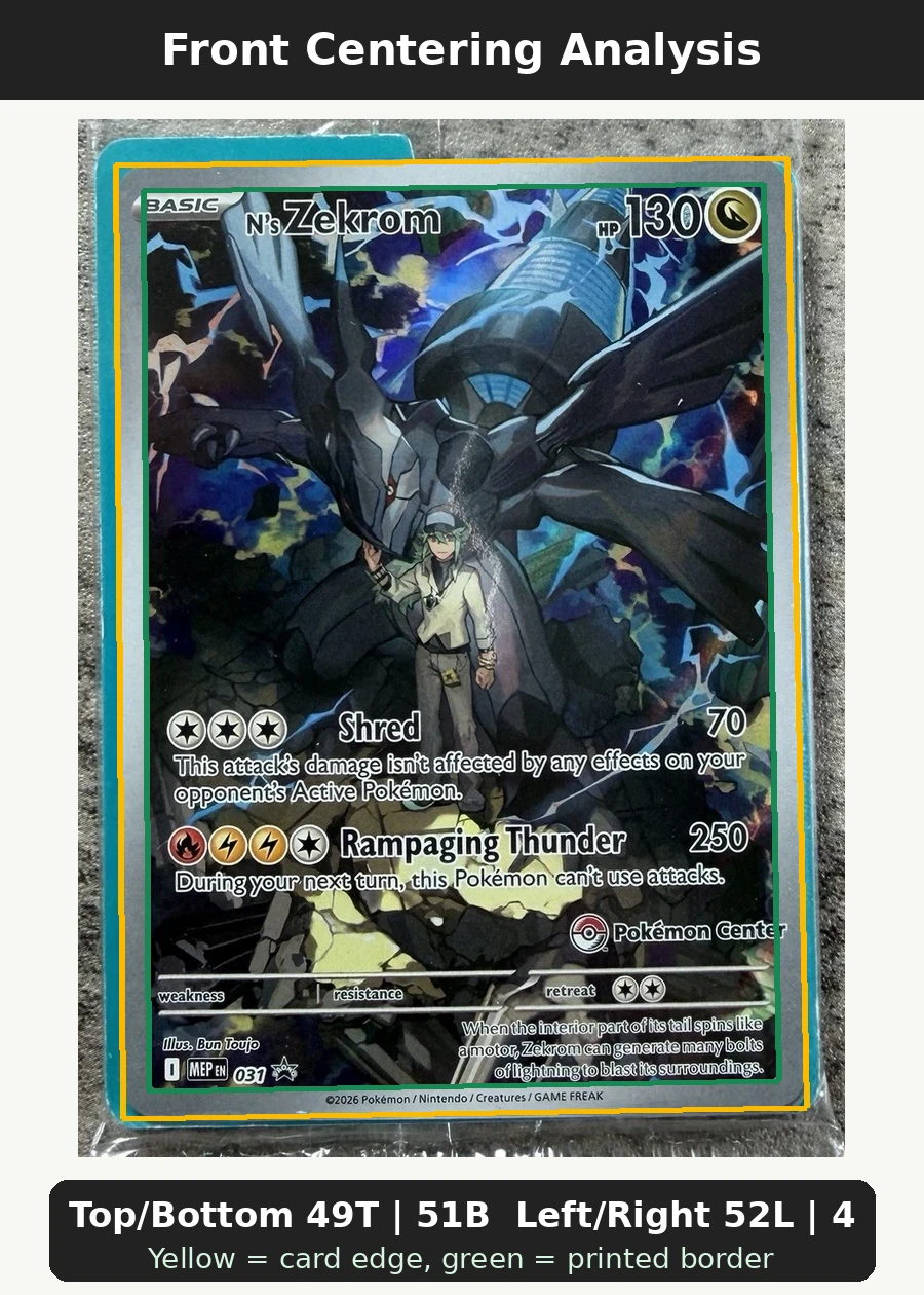 N's Zekrom 031 MEP Black Star Promos front centering analysis showing Top/Bottom 49T | 51B and Left/Right 52L | 48R.
