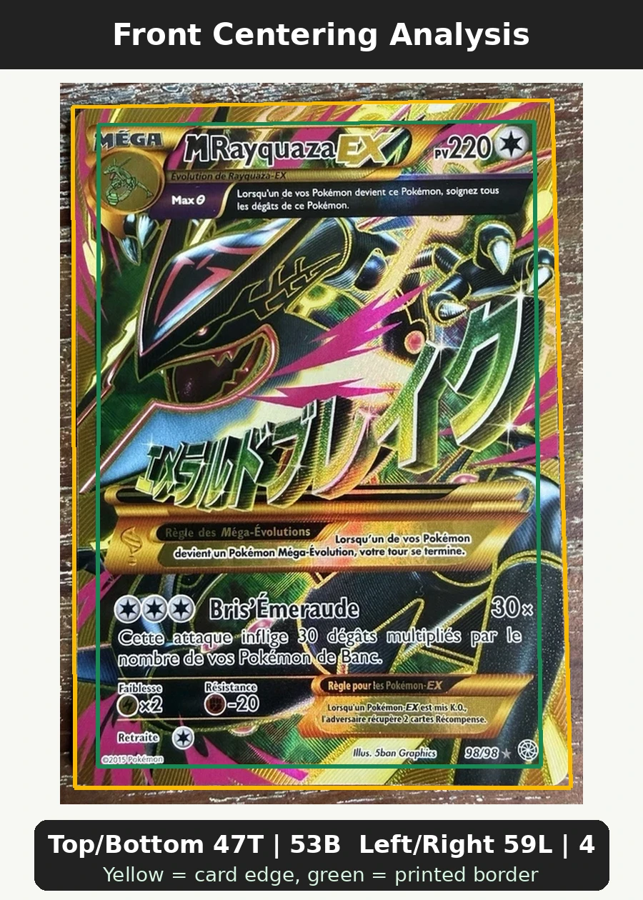M Rayquaza EX 098/98 Ancient Origins front centering analysis showing Top/Bottom 47T | 53B and Left/Right 59L | 41R.