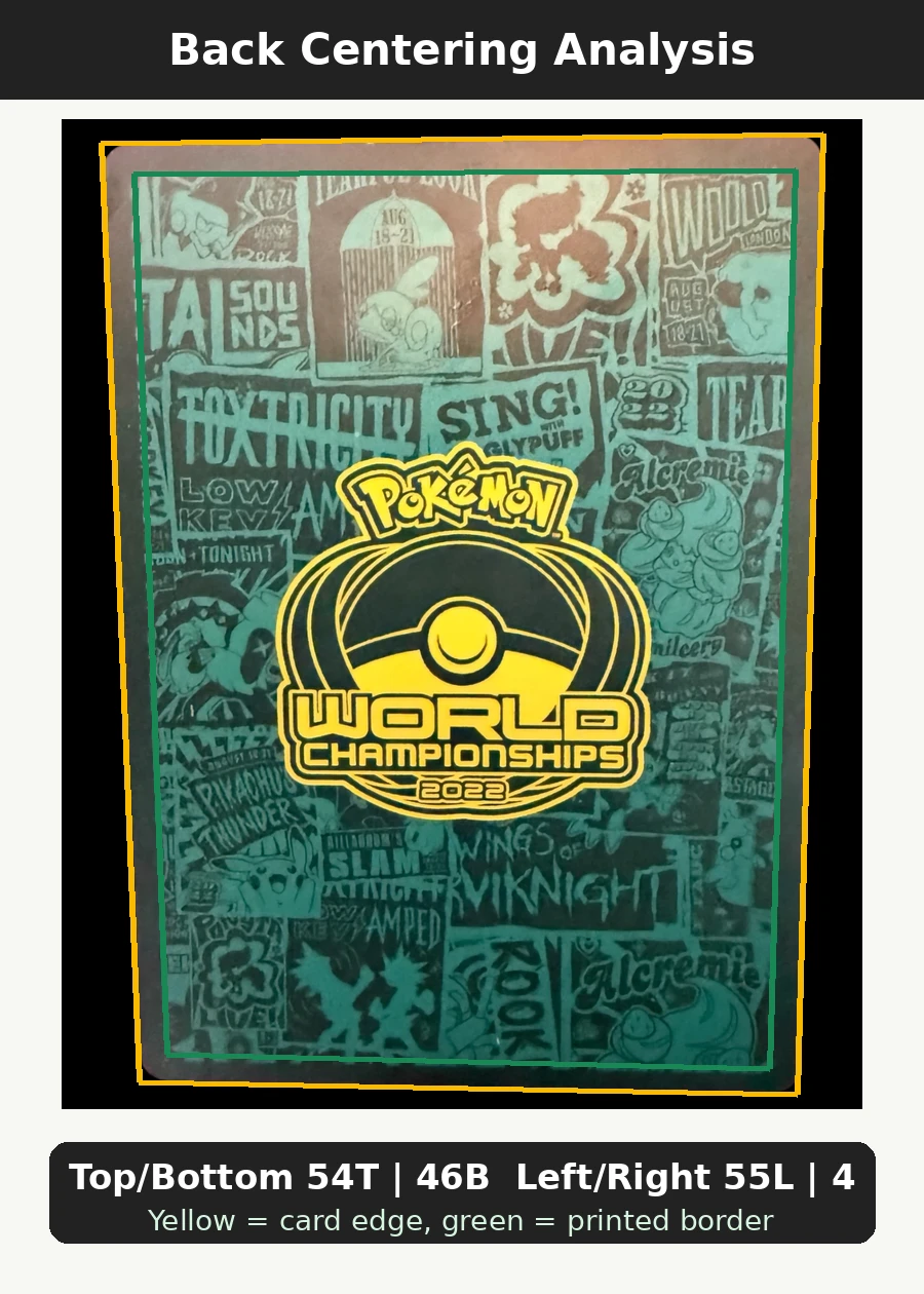 Flying Pikachu V 006/25 Celebrations back centering analysis showing Top/Bottom 54T | 46B and Left/Right 55L | 45R.