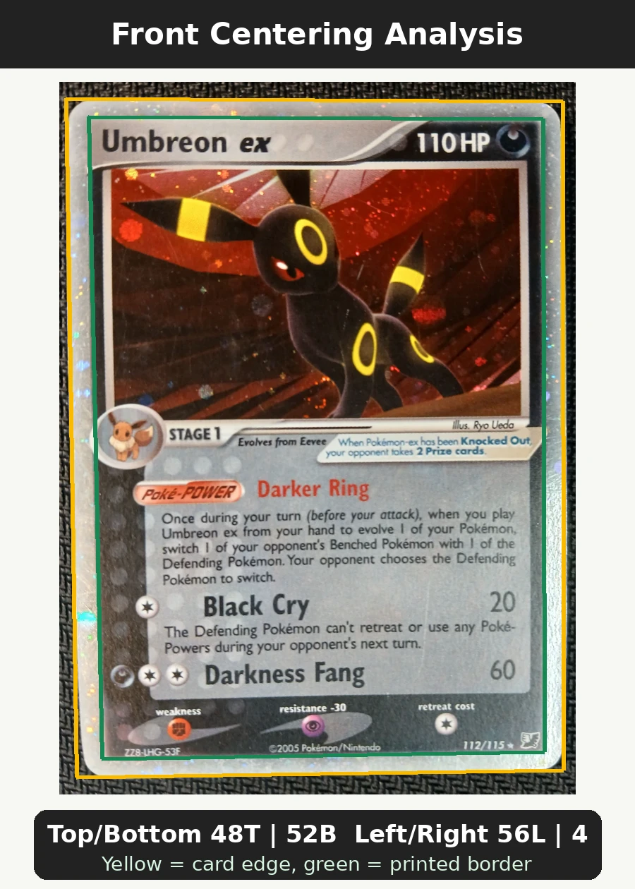 Umbreon ex 112/115 Unseen Forces front centering analysis showing Top/Bottom 48T | 52B and Left/Right 56L | 44R.