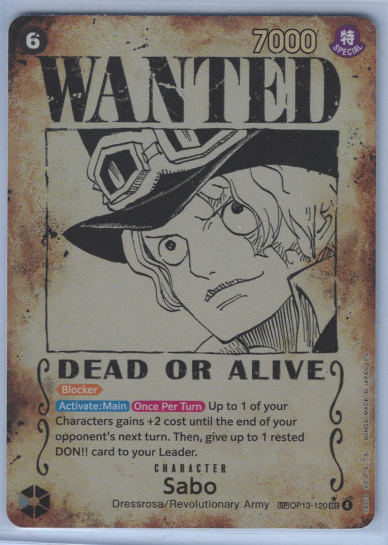 Sabo (OP13-120) - Wanted OP13-120 One Piece Promotion Cards front card photo in PokeToGrade pregrading report