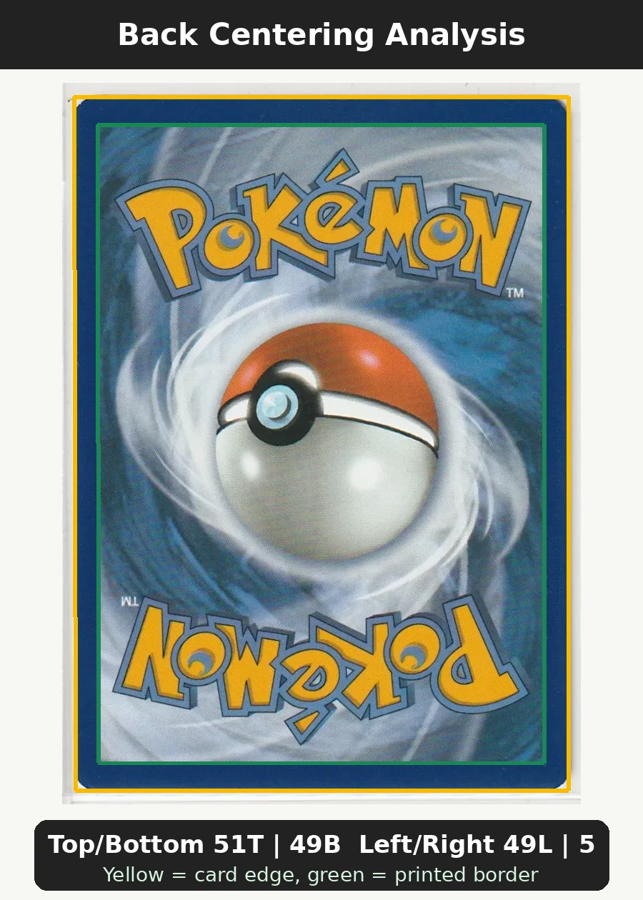 Pikachu 051/162 Temporal Forces back centering analysis showing Top/Bottom 51T | 49B and Left/Right 49L | 51R.
