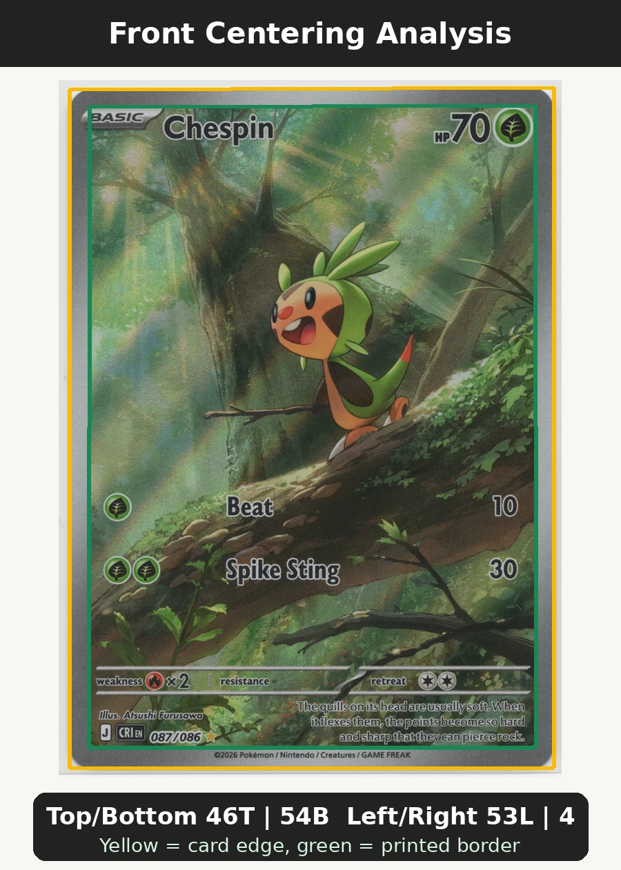 Chespin 087/86 Chaos Rising front centering analysis showing Top/Bottom 46T | 54B and Left/Right 53L | 47R.