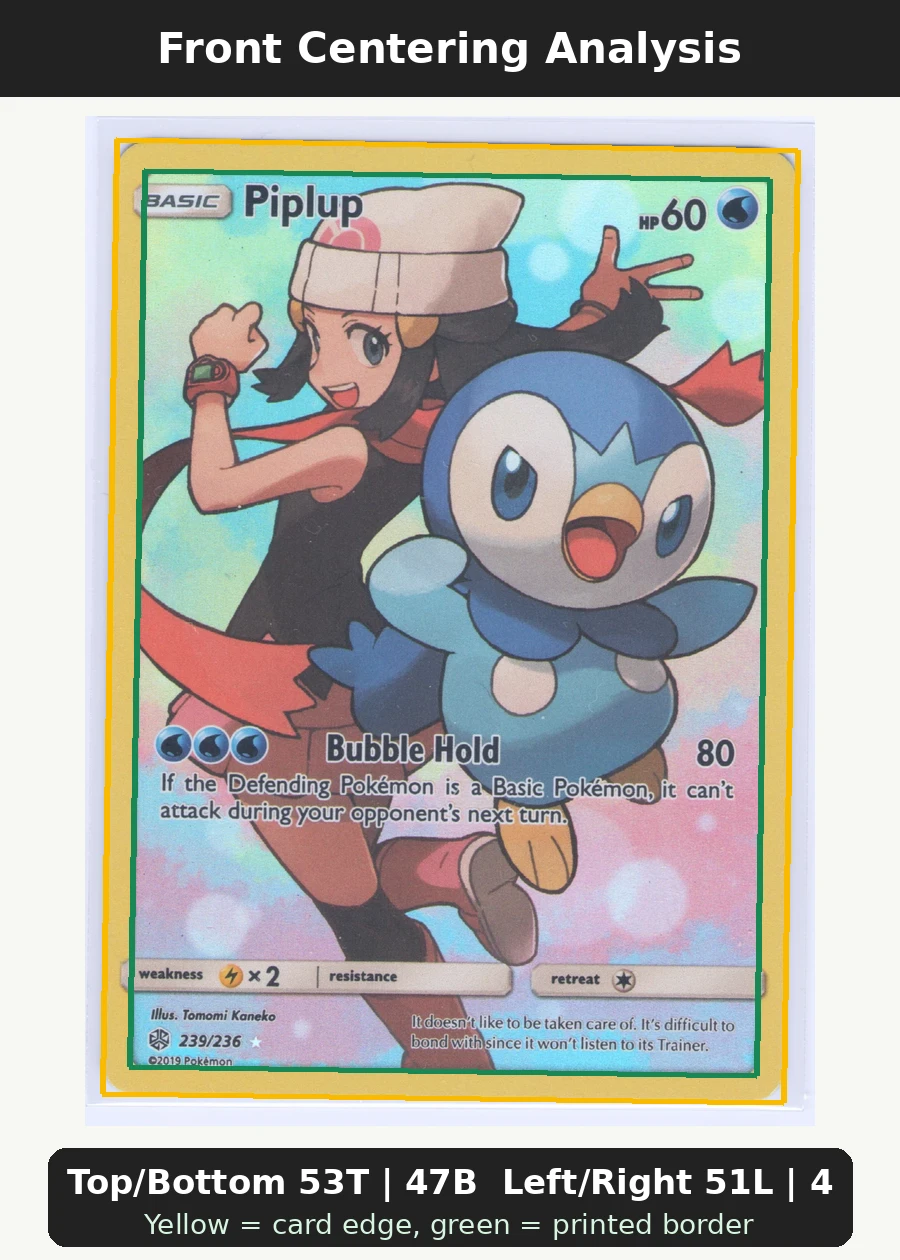 Piplup 239/236 Cosmic Eclipse front centering analysis showing Top/Bottom 53T | 47B and Left/Right 51L | 49R.