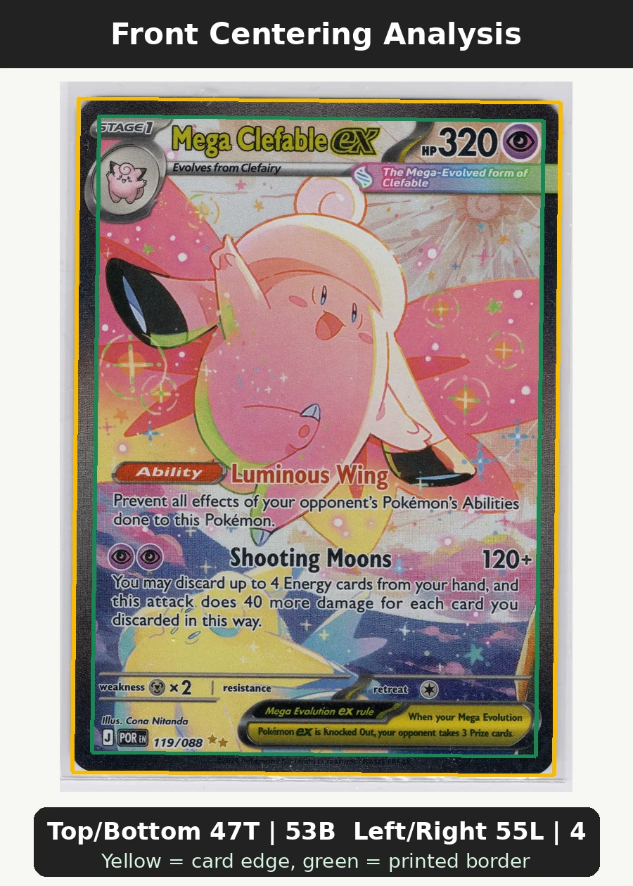 Mega Clefable ex 119/88 Perfect Order front centering analysis showing Top/Bottom 47T | 53B and Left/Right 55L | 45R.