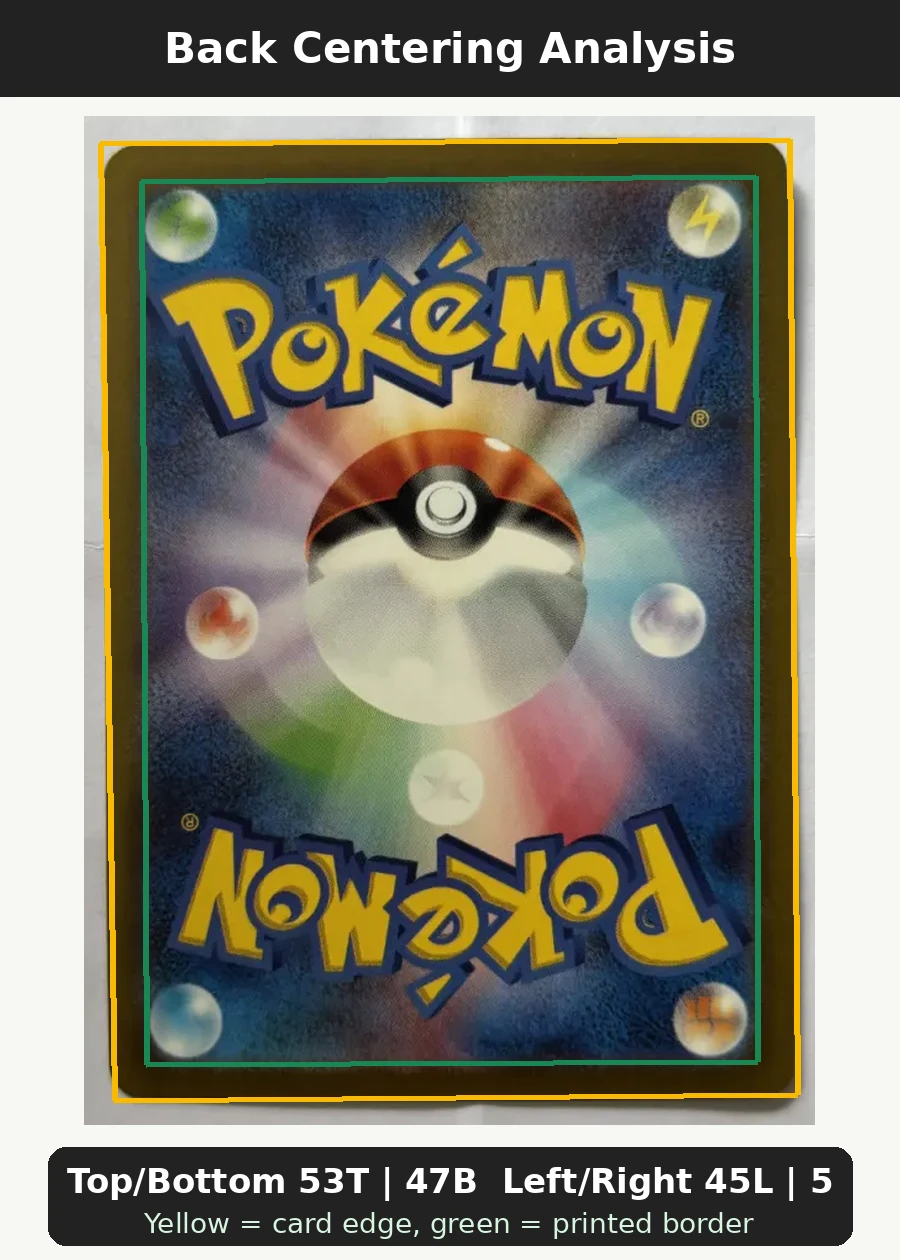 Detective Pikachu SM170/248 SM Black Star Promos back centering analysis showing Top/Bottom 53T | 47B and Left/Right 45L | 55R.