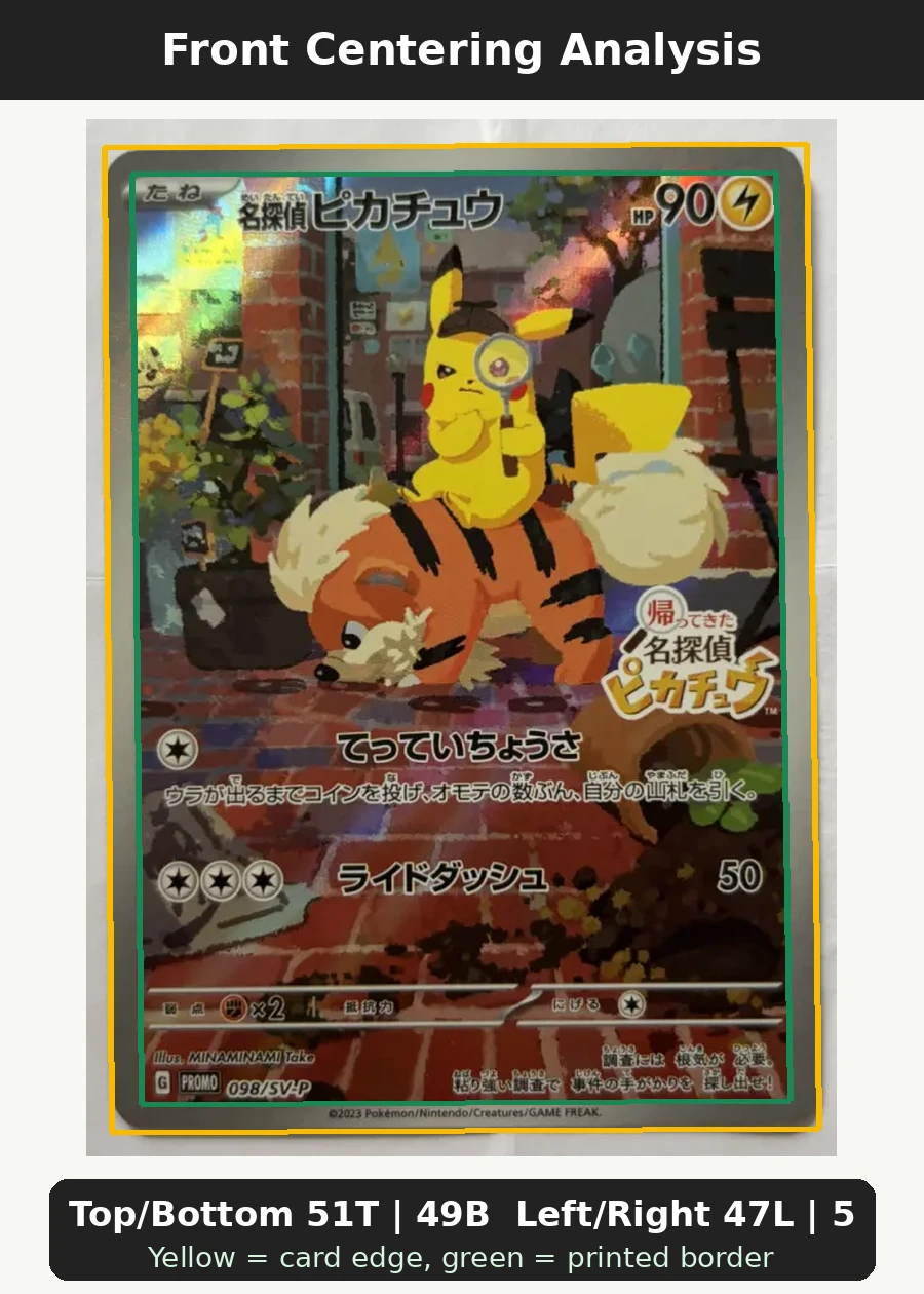 Detective Pikachu SM170/248 SM Black Star Promos front centering analysis showing Top/Bottom 51T | 49B and Left/Right 47L | 53R.