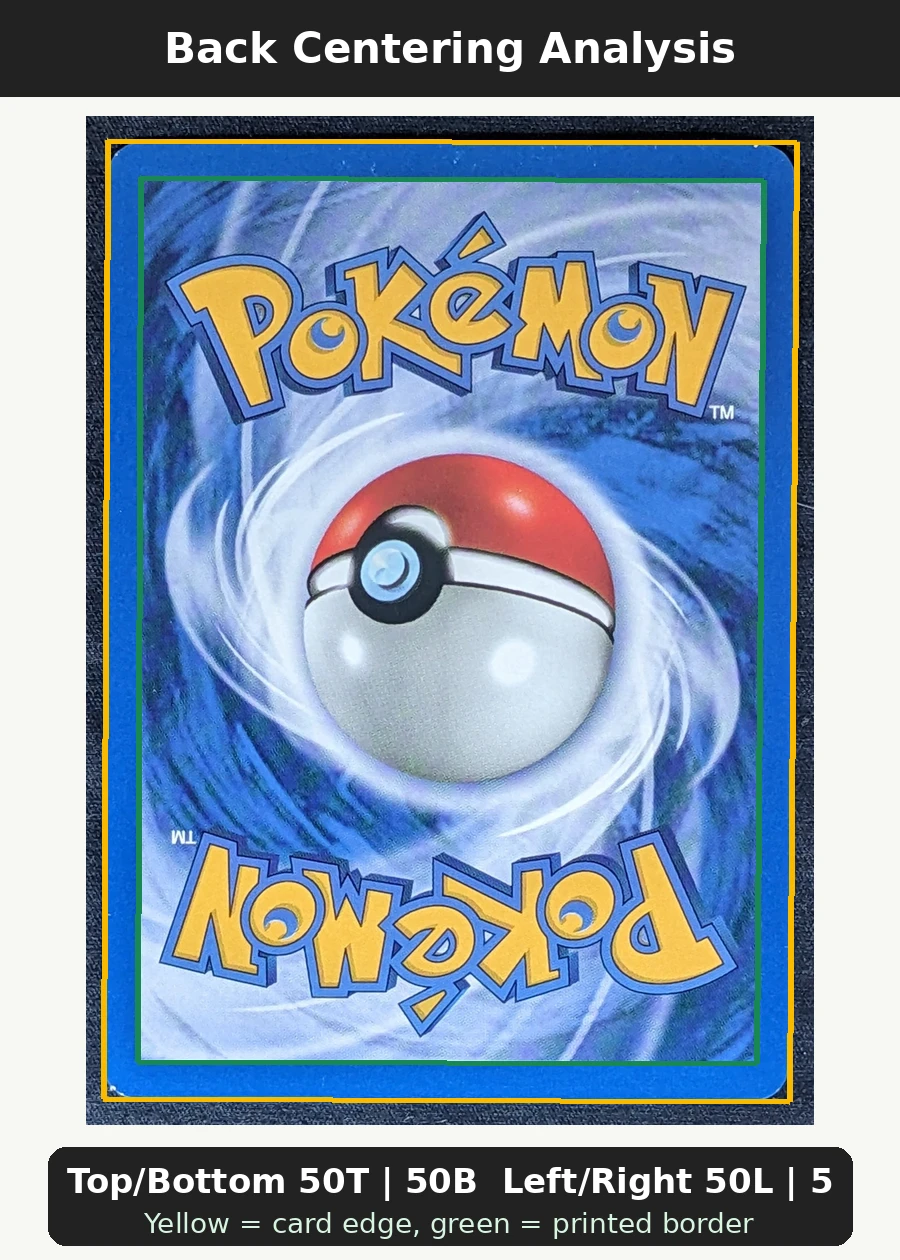 Dark Charizard 004/82 (First Edition Stamp) Team Rocket back centering analysis showing Top/Bottom 50T | 50B and Left/Right 50L | 50R.