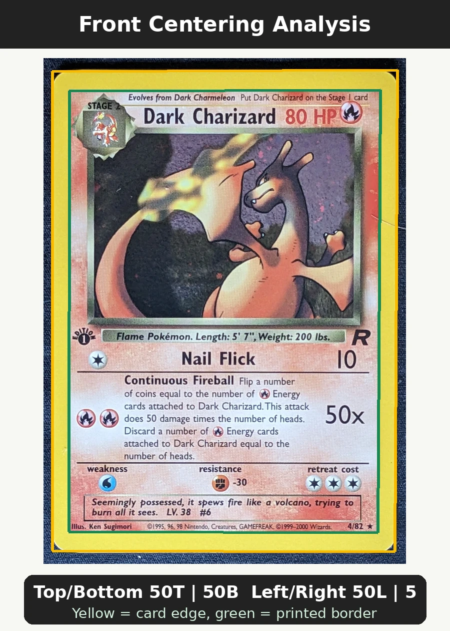 Dark Charizard 004/82 (First Edition Stamp) Team Rocket front centering analysis showing Top/Bottom 50T | 50B and Left/Right 50L | 50R.