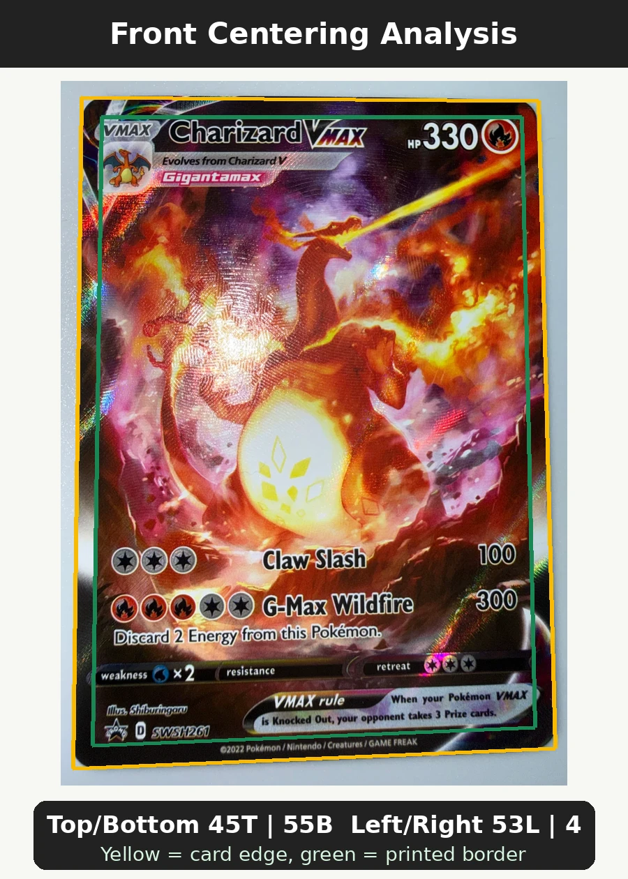 Charizard VMAX SWSH261/307 SWSH Black Star Promos front centering analysis showing Top/Bottom 45T | 55B and Left/Right 53L | 47R.