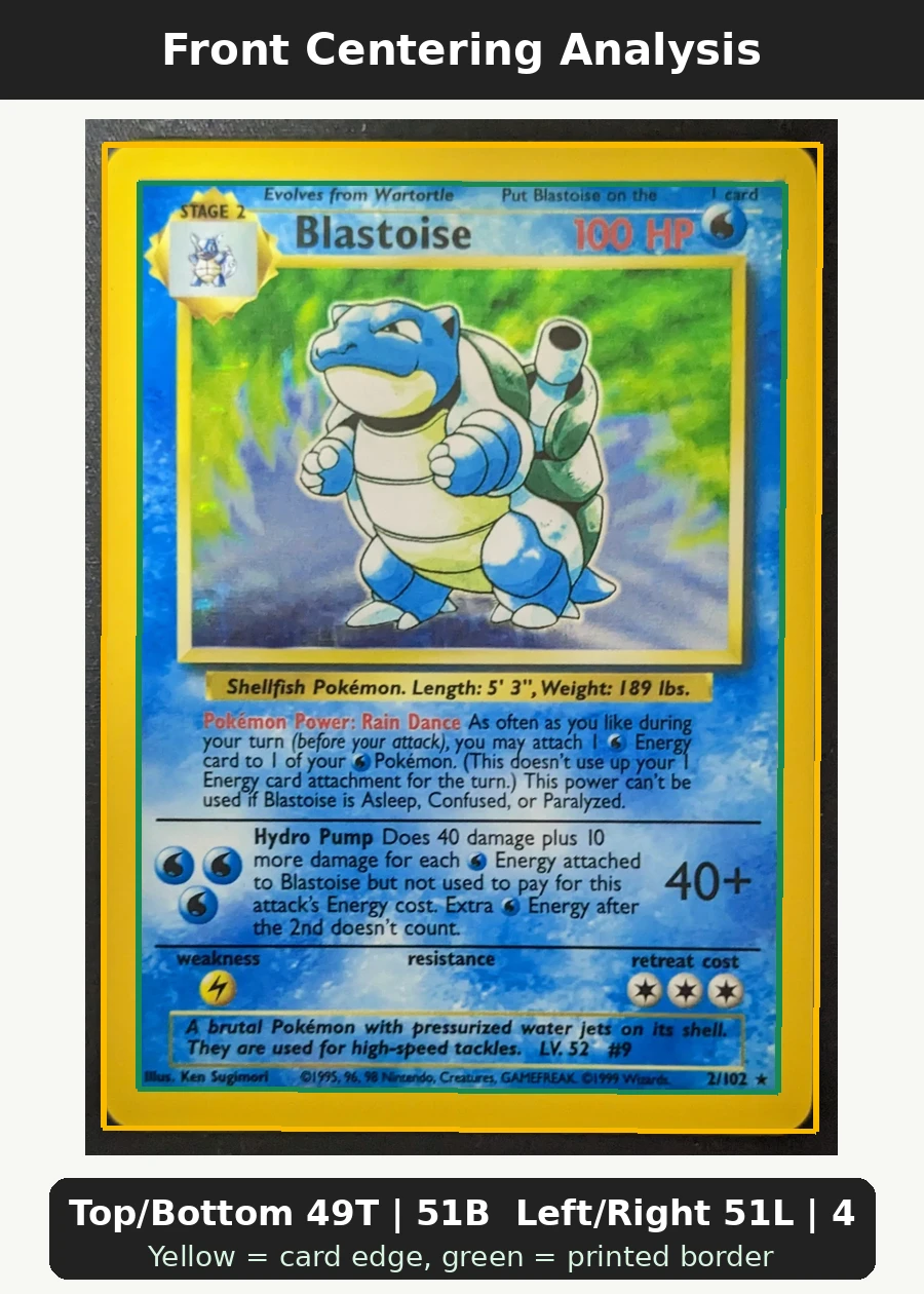 Blastoise 002/102 Base Set front centering analysis showing Top/Bottom 49T | 51B and Left/Right 51L | 49R.